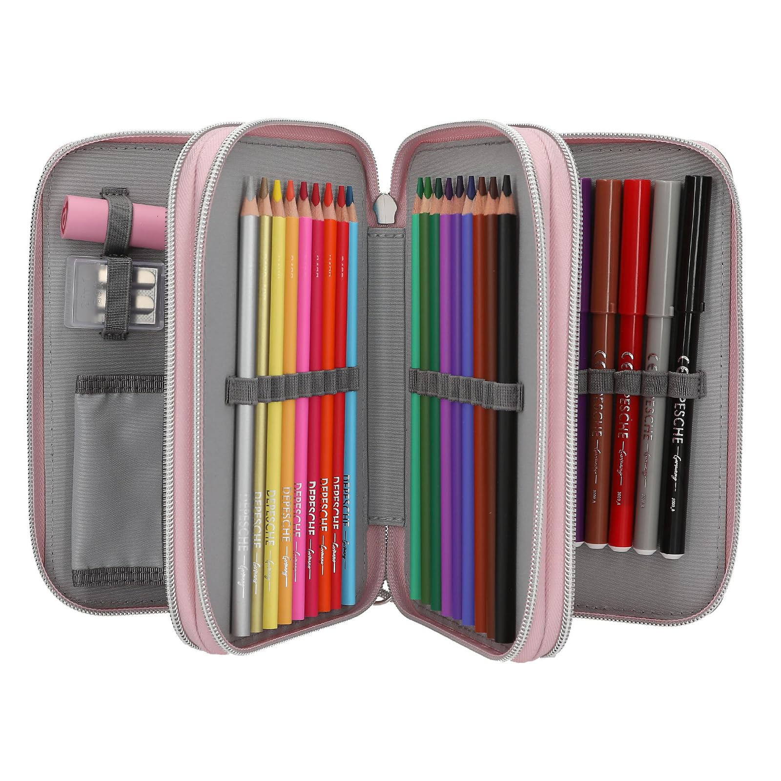 Depesche 13315 TOPModel My BFF - Estuche de 3 Compartimentos en Gris y Rosa, con Motivo de Modelo y Purpurina, Estuche con lápices de Colores, Tijeras, Regla y Mucho más.