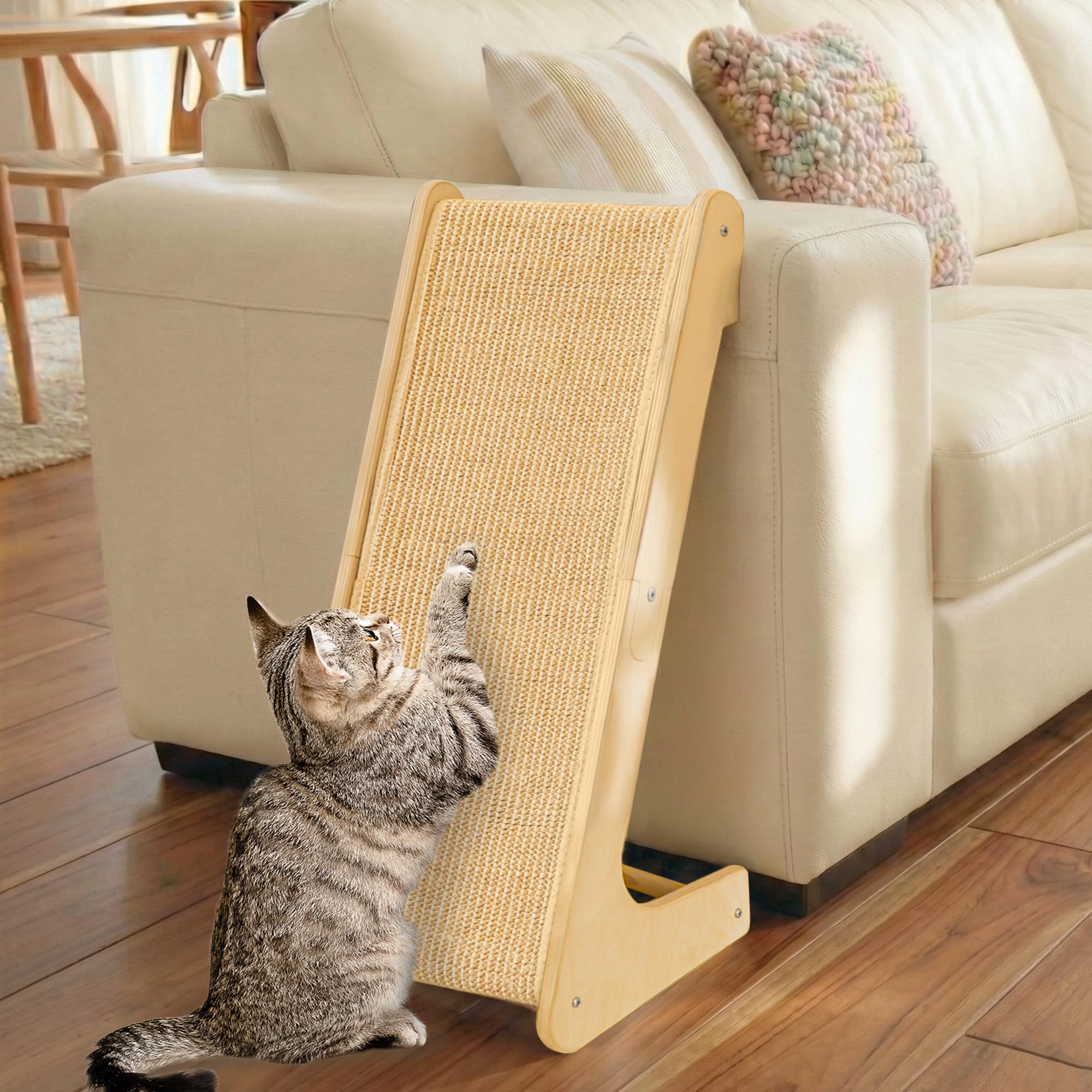 PETKARAY Griffoir pour Chat en Forme de L, 64 cm, Poteau à Griffer en Sisal Naturel, Montage Mural ou au Sol, Protection de Meubles avec Herbe à Chat, Design Classique