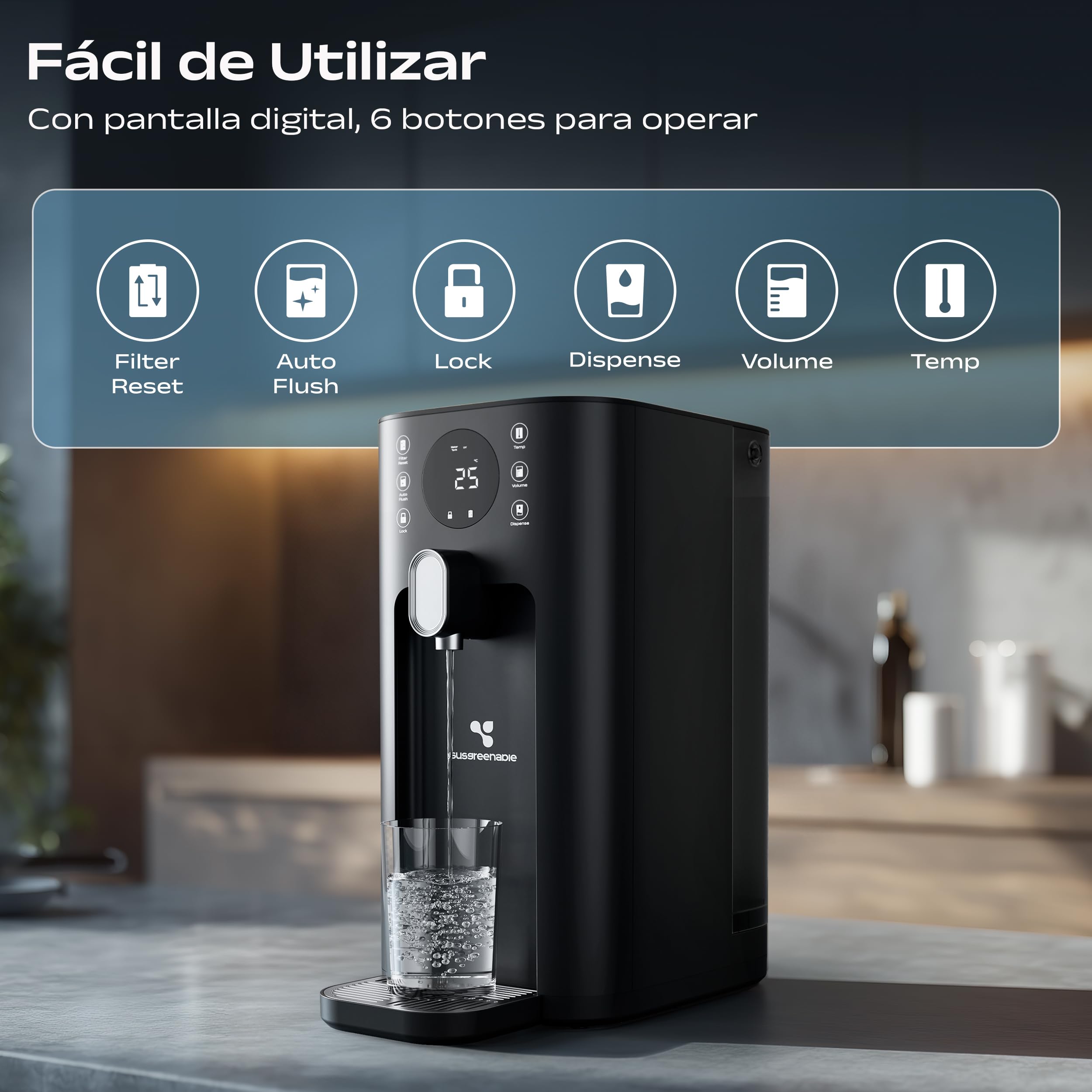 CIARRA X SusGreenable Purificador de Agua por Ósmosis Inversa de Sobremesa, Agua Caliente Instantánea 3s, 4 Temperaturas, Filtro RO 5 Etapas, Depósito 4.3L, Pantalla TDS, Sin Instalación