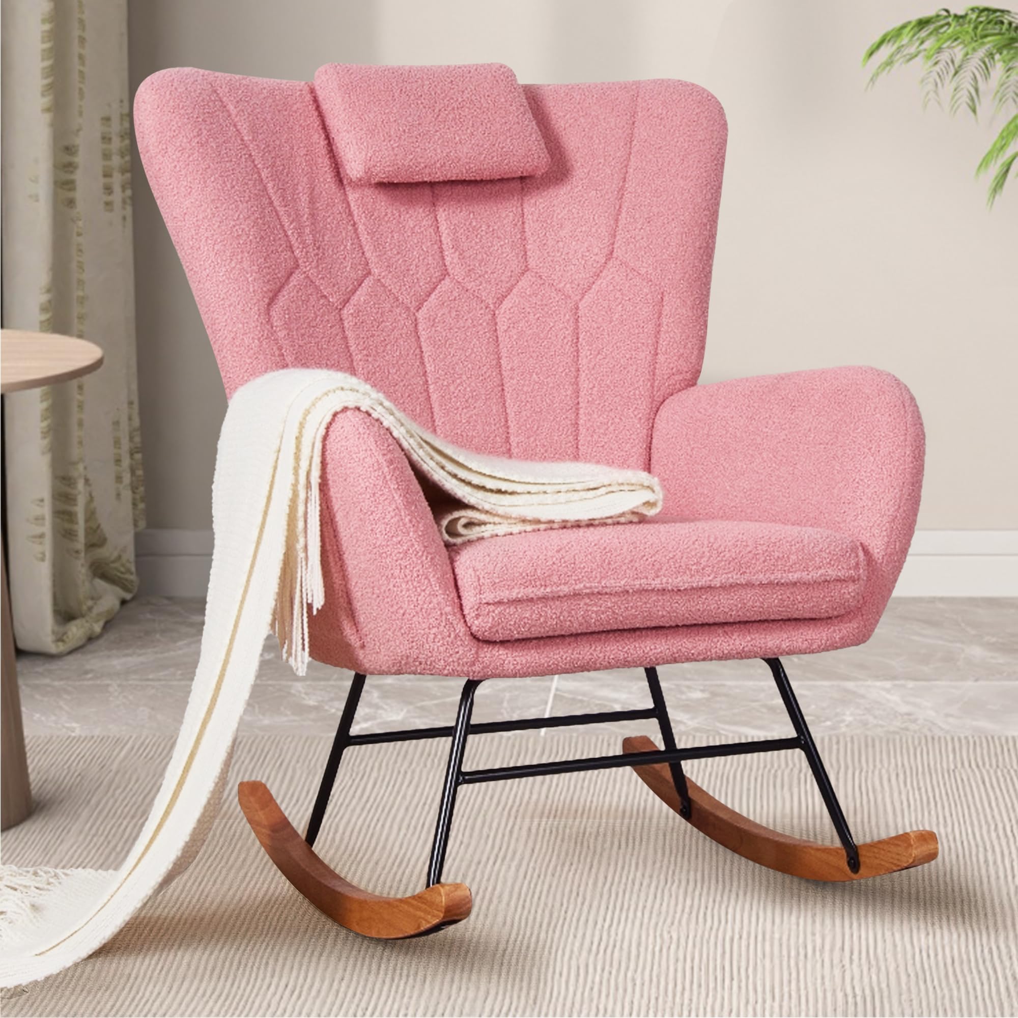 VECELORocking Chair Nursery with Thick Headrest, Modern Teddy Upholstered Reading Glider Rocker Accent Armchair with High Backrest, Padded Seat, Side Pocket, for LivingRoom, Bedroom, Baby Room, Pink