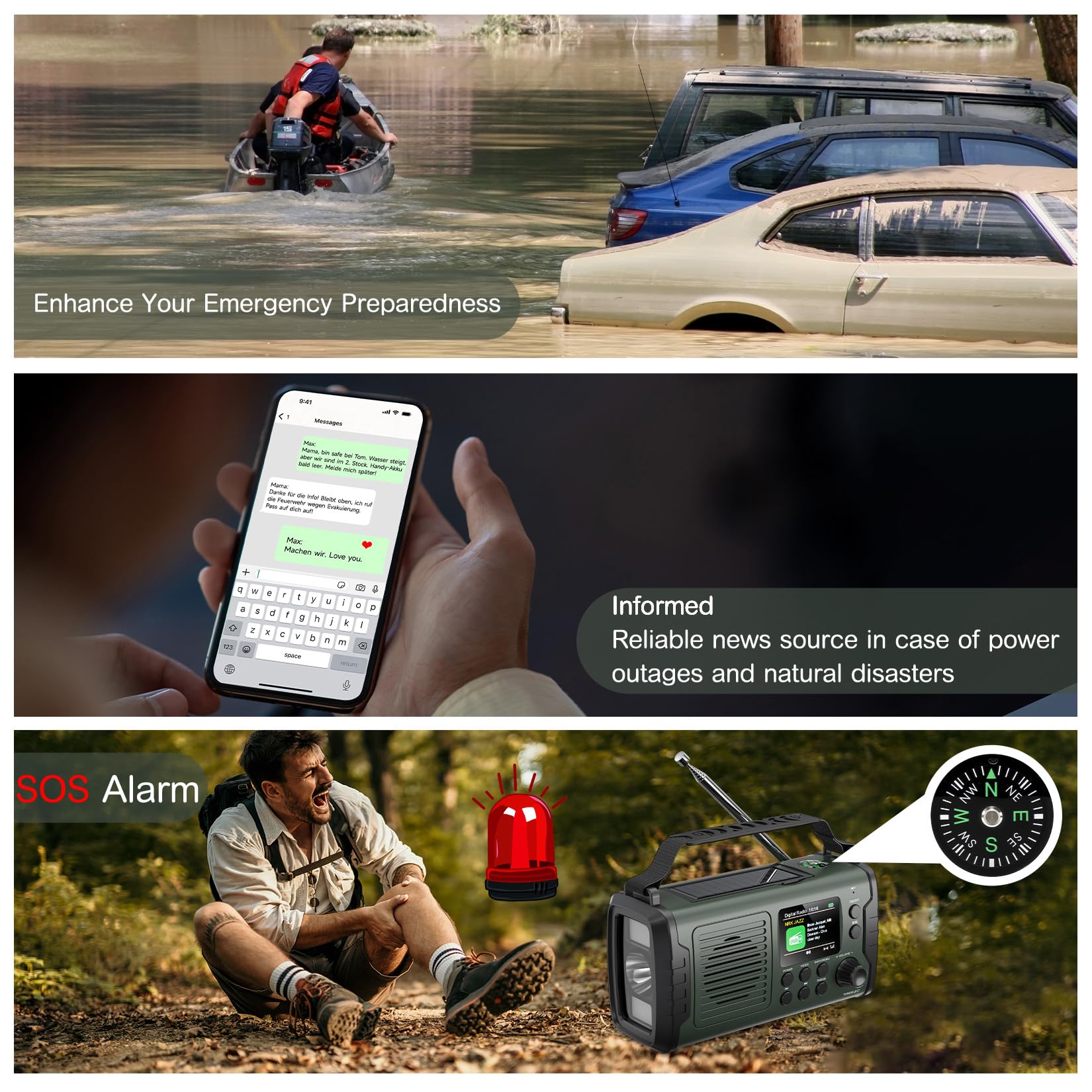 Kurbelradio DAB FM 20000mAh, Notfallradio DAB Plus Kurbel Solar, Solar Radio Notfall mit Bluetooth & Wecker, Emergency Radio mit Handy Ladegerät & Taschenlampe, SOS Kompass Survival Radio (Grüner)