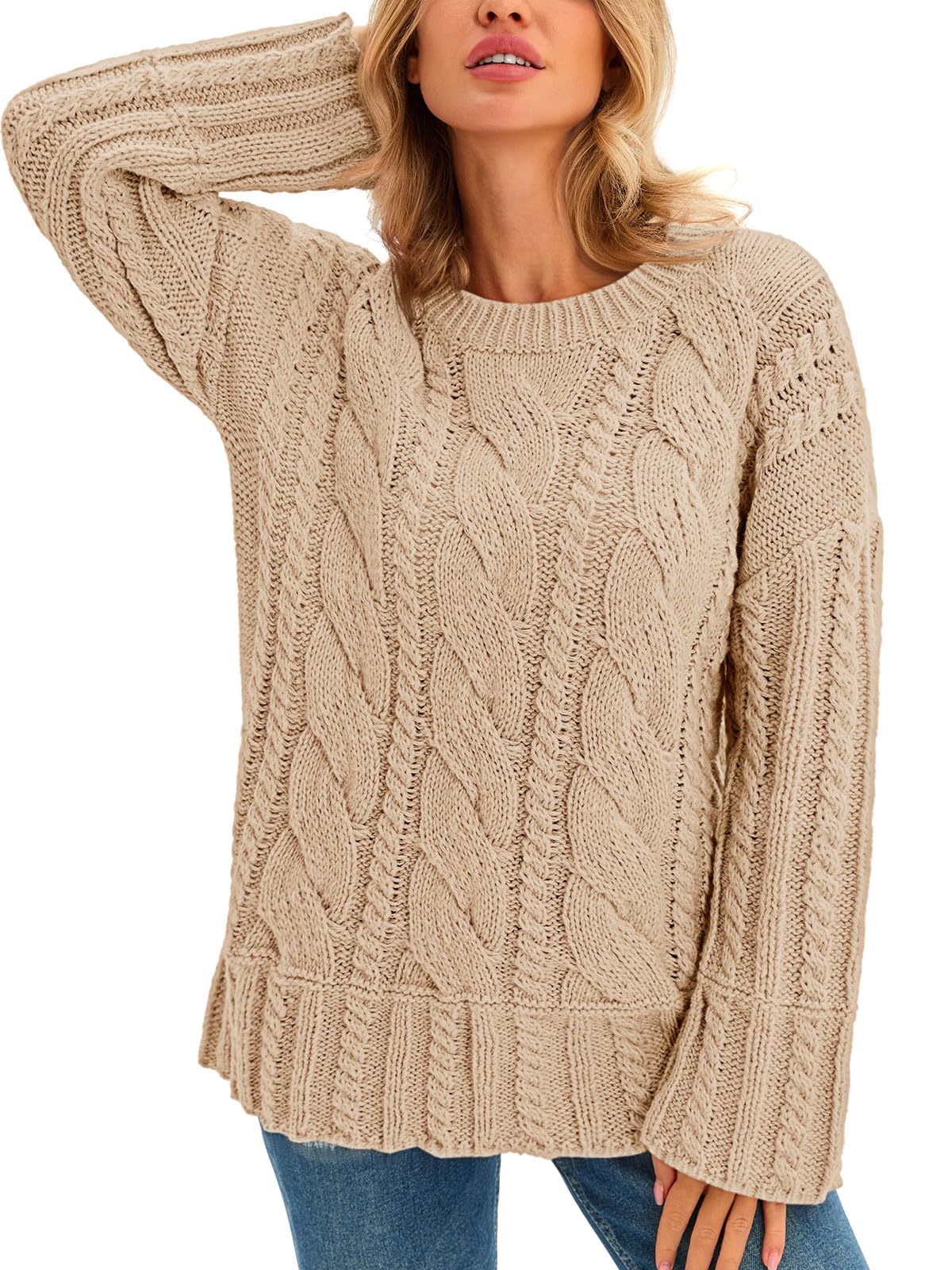 Saodimallsu Womens Chunky Cable Knit Sweaters Long Sleeve Crew Neck Fall Casual Loose Warm Pullover Tops