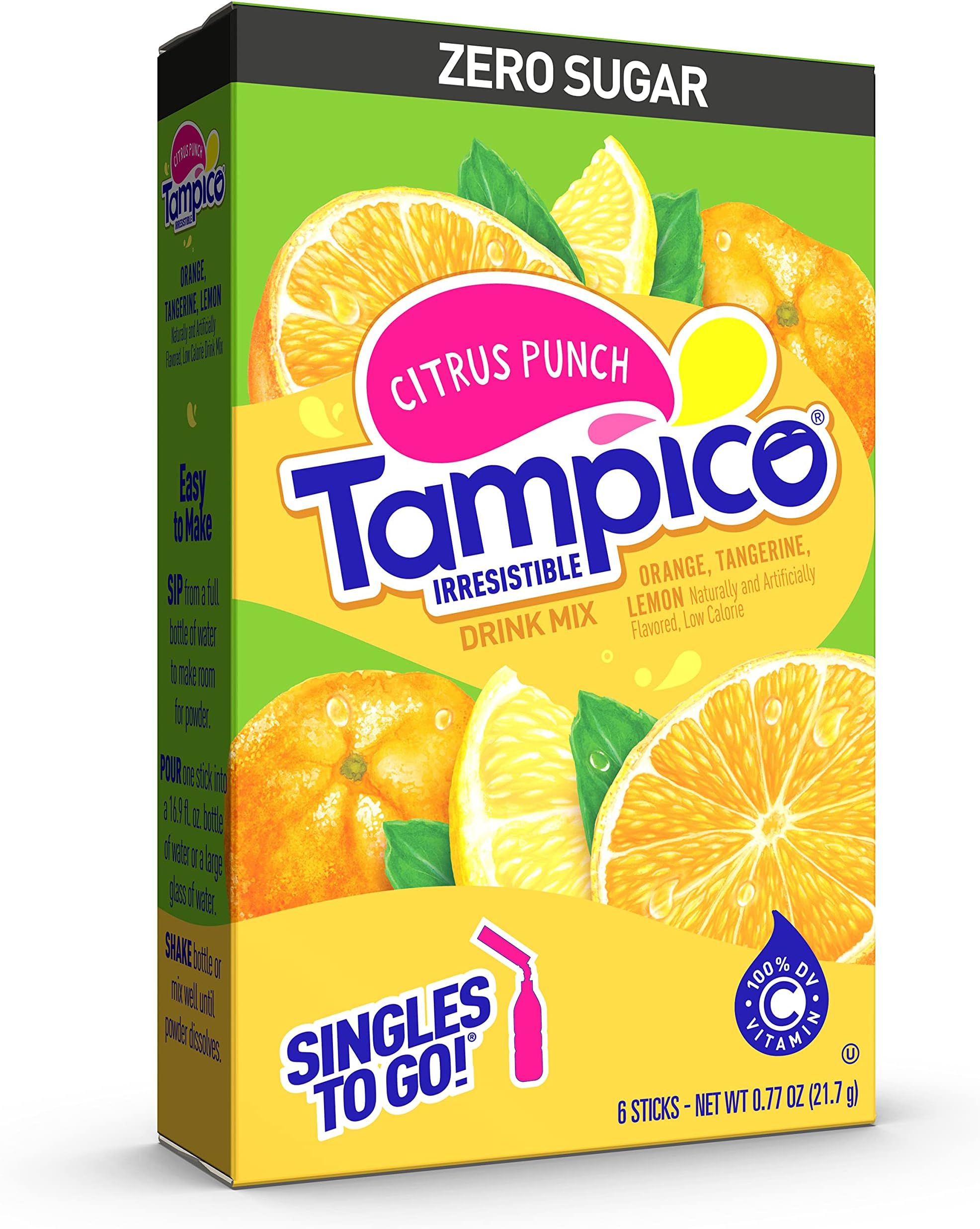 Tampico Singles To Go Drink Mix Packets, Citrus Punch, 6-Count Box – Zero Sugar, Low Calorie Powdered Drink Packets, 100% DV of Vitamin C per Serving, Convenient, On-The-Go Water Enhancers