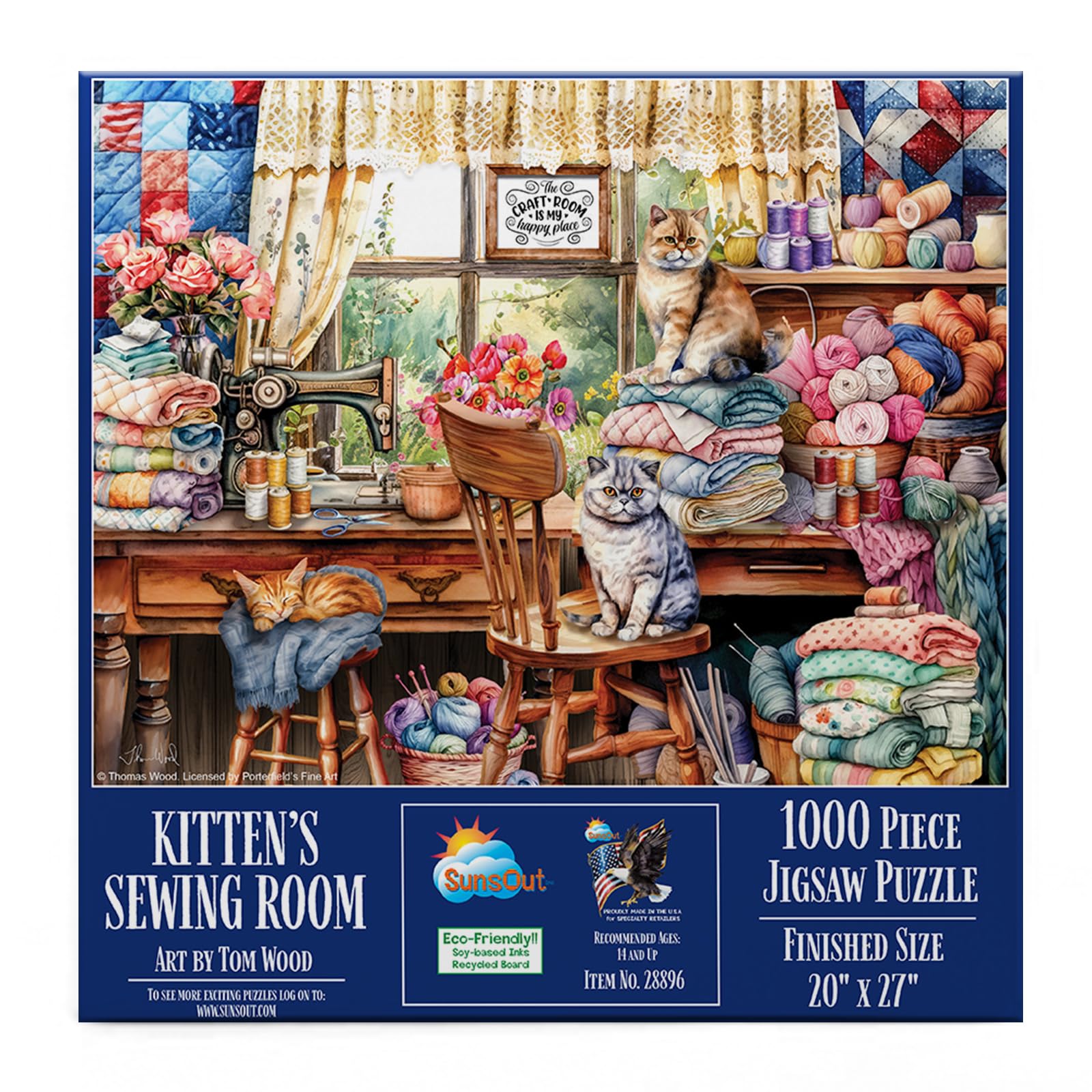 SUNSOUT INC - Kittens Sewing Room - 1000 pc Jigsaw Puzzle by Artist: Tom Wood - Finished Size 20" x 27" - MPN# 28896