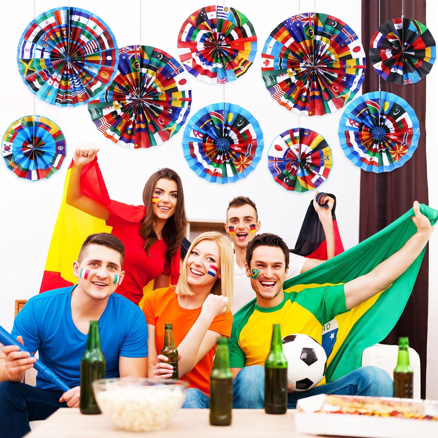 Outus 27 Pcs International World Flags Classroom Decorations Around The World Hanging Paper Fans Country Flags International Decor Party Banner Garland for Office Classroom Decor