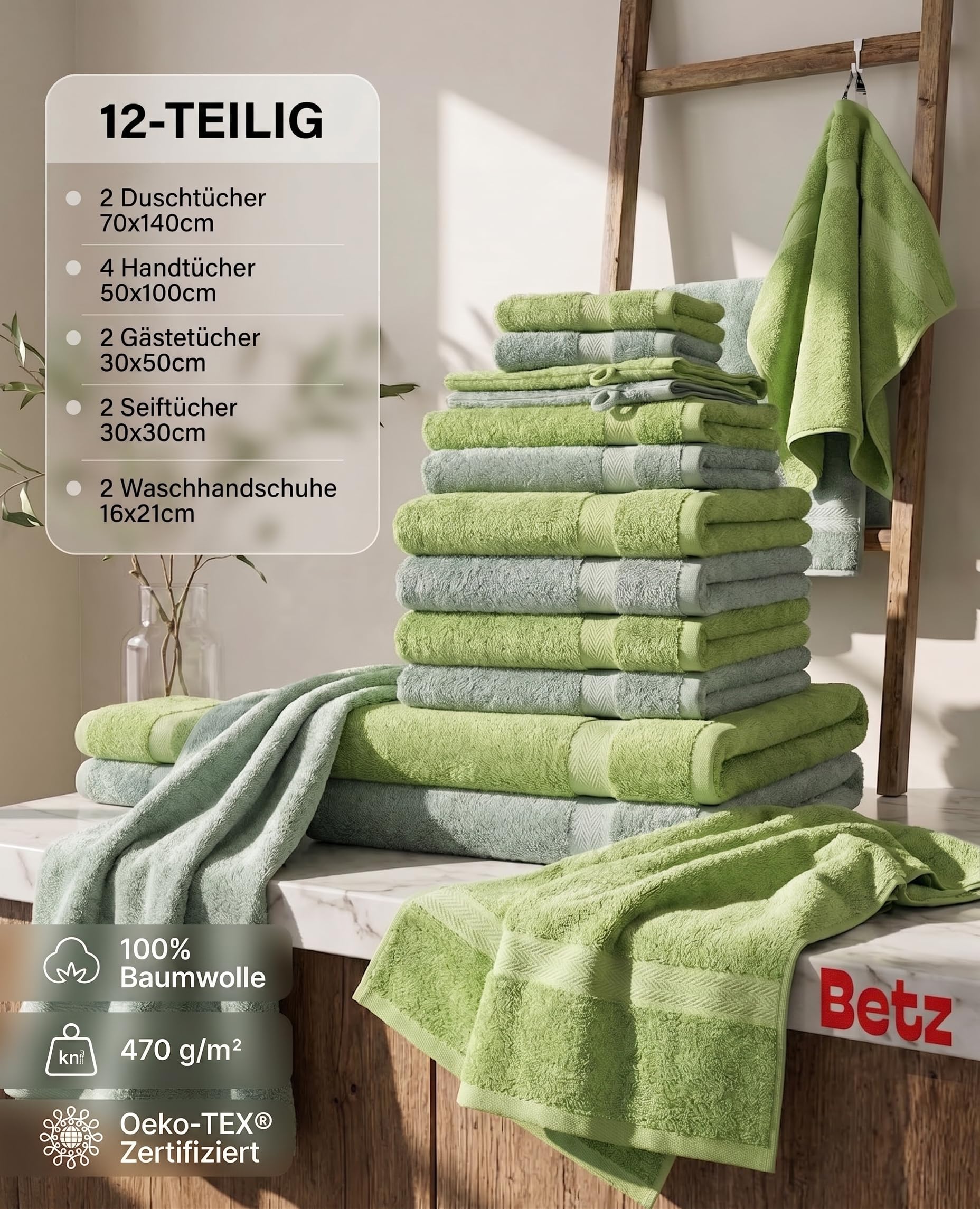Betz 12-częściowy zestaw ręczników premium 100% bawełna 2 ręczniki kąpielowe 4 ręczniki do rąk 2 ręczniki dla gości 2 ręczniki do rąk 2 rękawice do mycia kolor dzisiejszy zielony/awokadogram