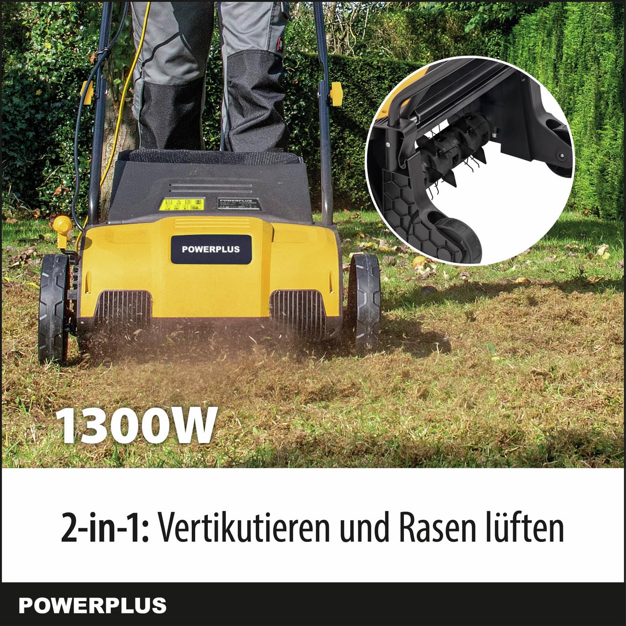 Powerplus Elektro-Rasenvertikutierer POWXG75130-1300 W und 320 mm Schnittbreite, 2-in-1-Lüfter und Elektro-Vertikutierer für Ihren Garten