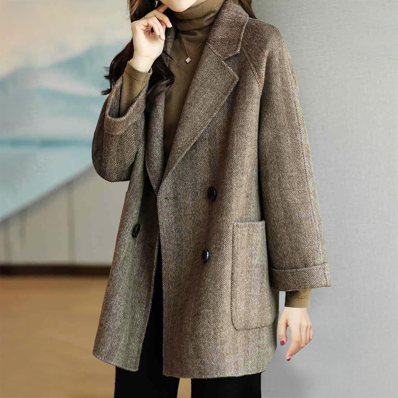 Trench Donna il Motivo a Spina di Pesce alla Moda È un Cappotto di Lana Ampio e Sottile, Piccolo e Versatile Outdoor