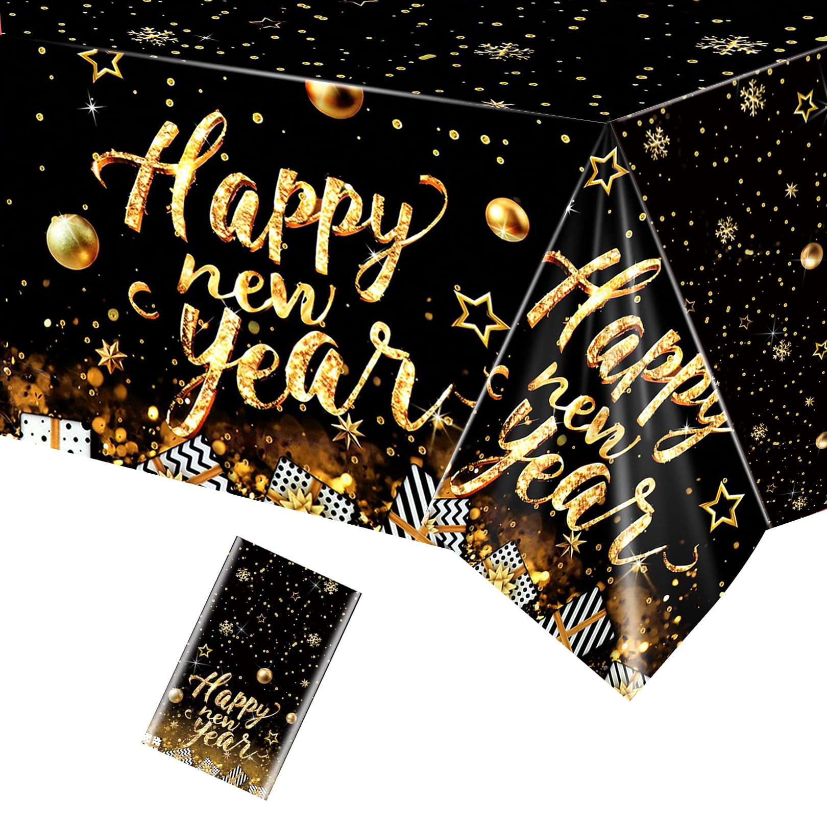 Fogcosy Black Gold 2026 New Years Eve Table Cloth, 53 Inch X 68 Inch Disposable Plastic Tablecloth Covers, Rectangle Large Tablecloth, Happy New Year Table Cloth For New Year's Eve Party Decorations