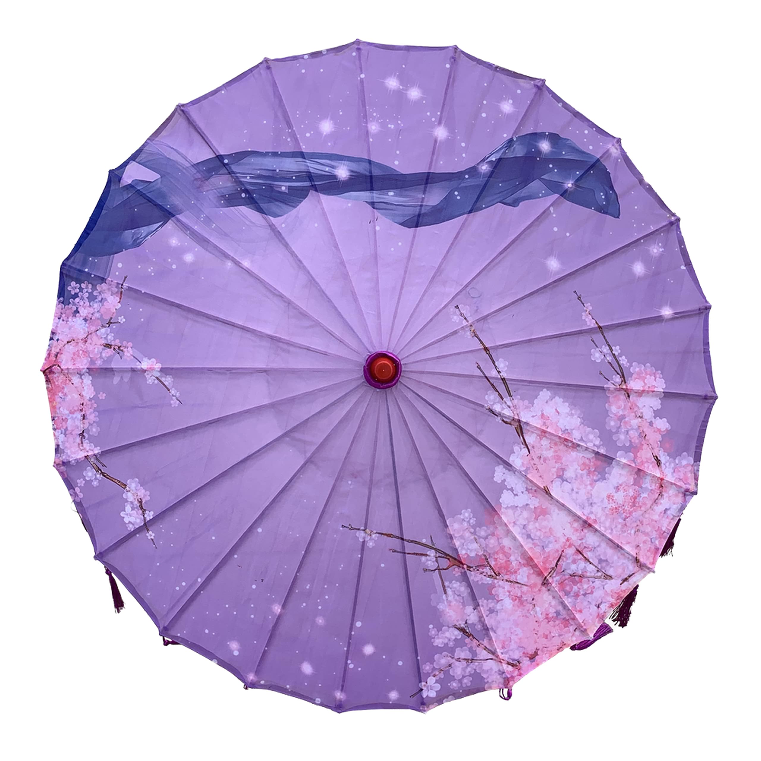 Patterned Bamboo Cloth Parasol Umbrella with Tassel Pendent Floral Chinese Japanese Art Classical Dance Umbrella for Wedding Parties Photography Costumes