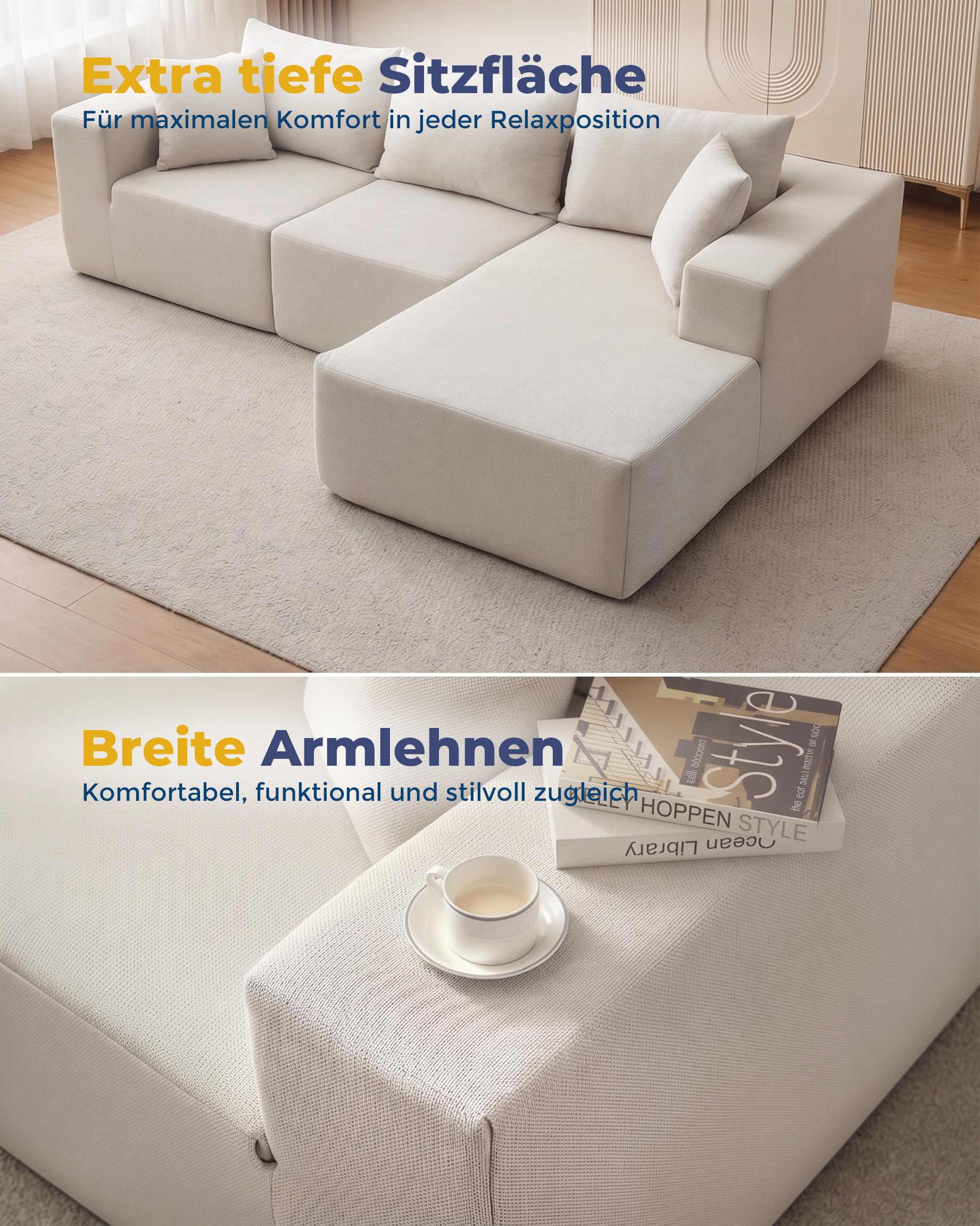 Garvee Modulares Sektionalsofa 274 cm, Wolkencouch mit Rechter Chaiselongue, Komprimiertes L-förmiges Sofa für Wohnzimmer, Boneless Couch Design, Keine Montage erforderlich, Beige