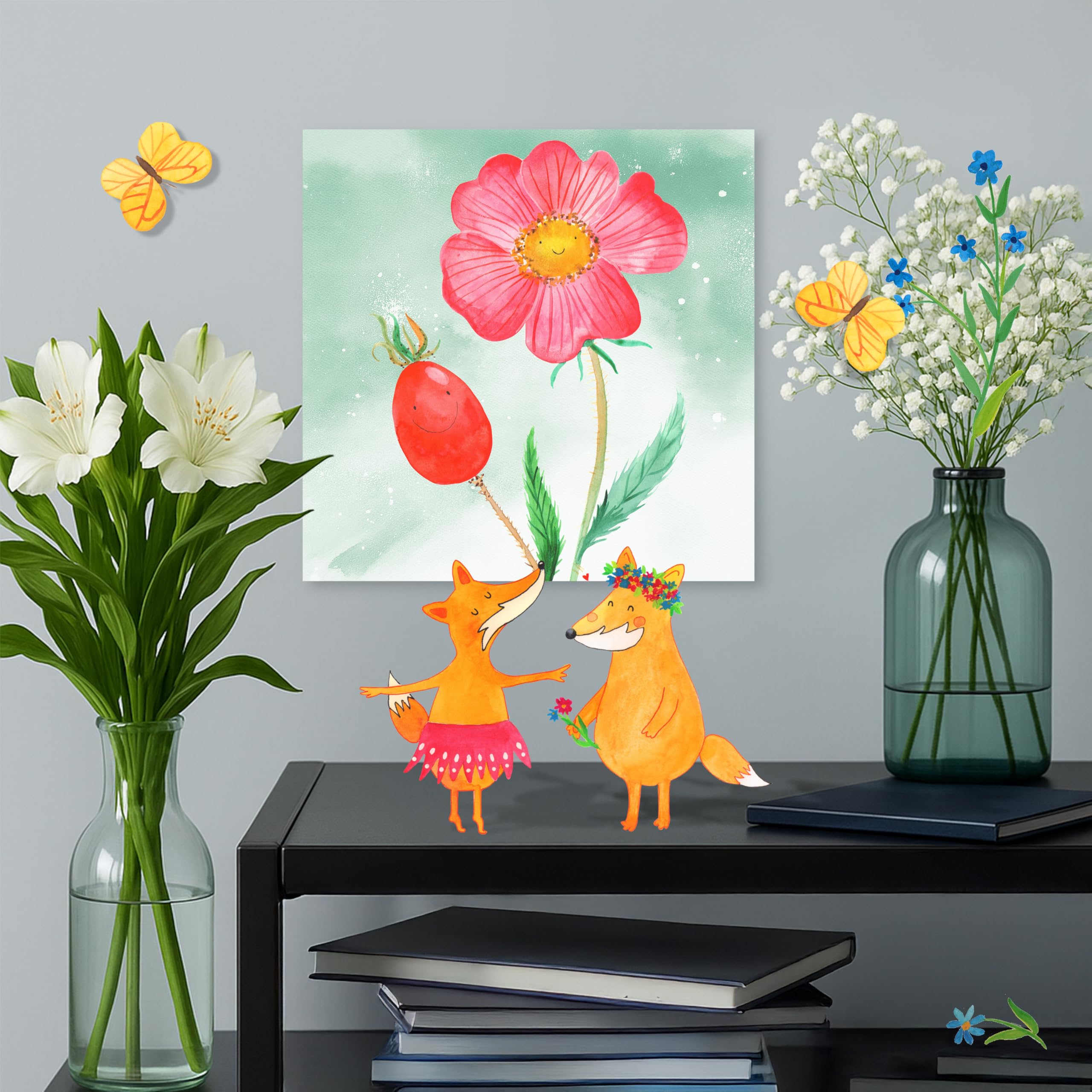 Mr. & Mrs. Panda Malen nach Zahlen Blume Hagebutte Motiv 40 x 40 cm Mit Rahmen - Geschenk, Schlechte Gedanken, Zahlenbild, Bild, diy set, leinwand malset, Lebensfreude, Garten