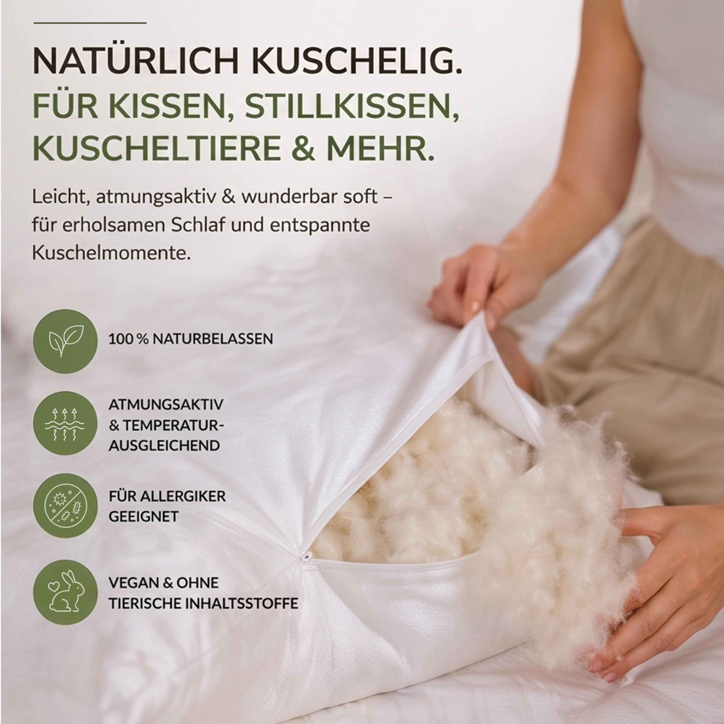 1 kg Kapok Füllmaterial (Öko-Tex 100) vegan & 100% naturbelassen - Kapokwolle & Füllwatte für Allergiker - Atmungsaktive Kapokfaser Wolle für Füllung von Stillkissen, Kissen, Matratze