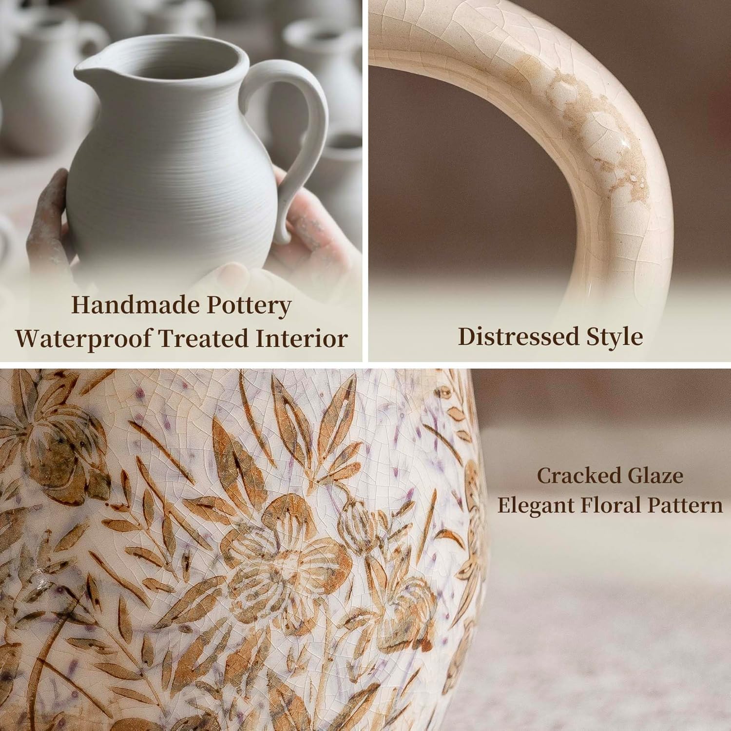 Purple and Borwn Floral Vintage Vase with Handle, French Country Floral Pitcher Vase, Rustic Ceramic Farmhouse Vases for Home Decor, Living Room, Bookshelf, Grand Millennial Tuscan Decor 8.7 in - Image 5