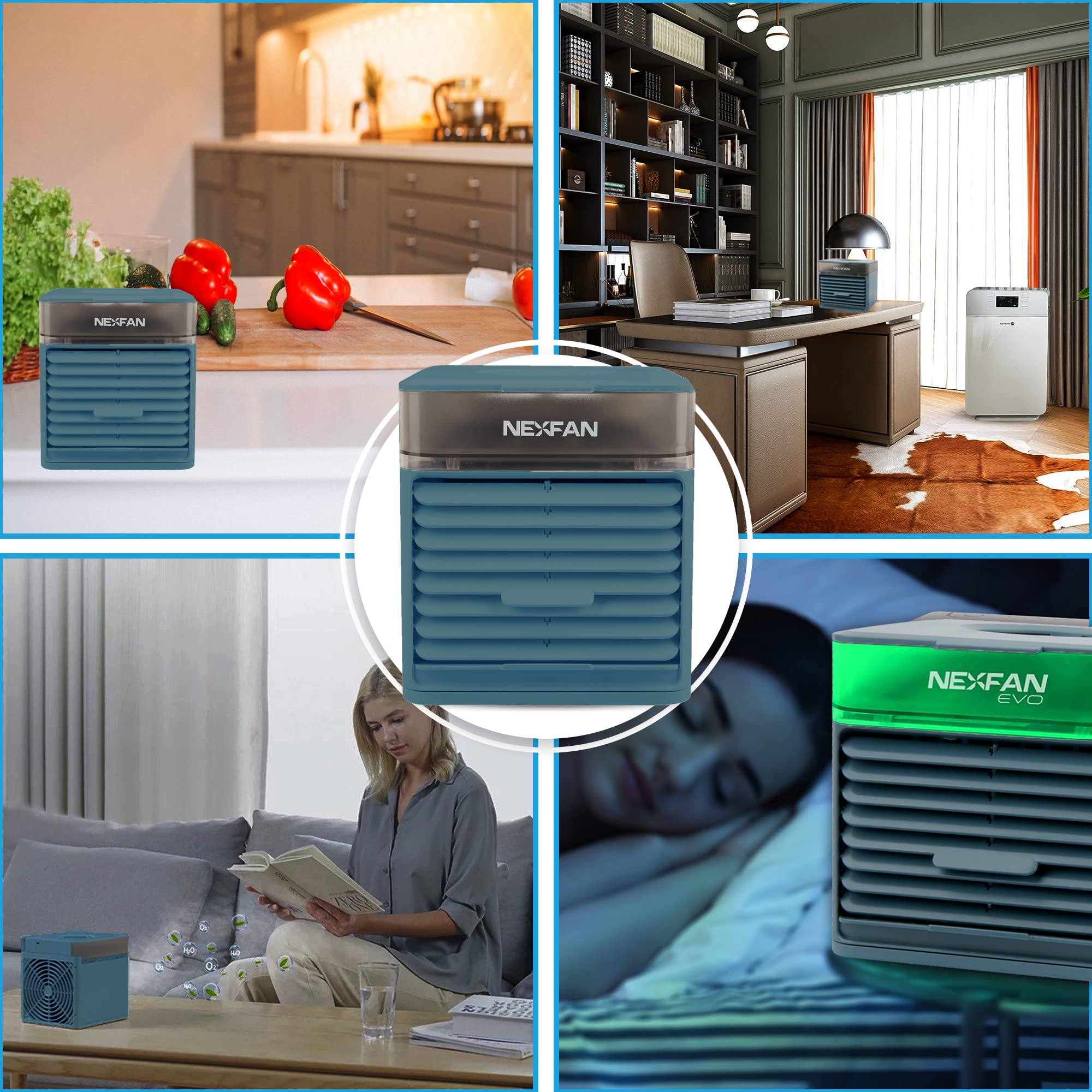 Nexfan EVO PRO Aire Acondicionado Portátil Mini 3 en 1 Aire Acondicionado USB Enfriador de Aire y Humidificador 3 Velocidades Ajustables, Luces LED Ventilador para Hogar y Oficina, Azul