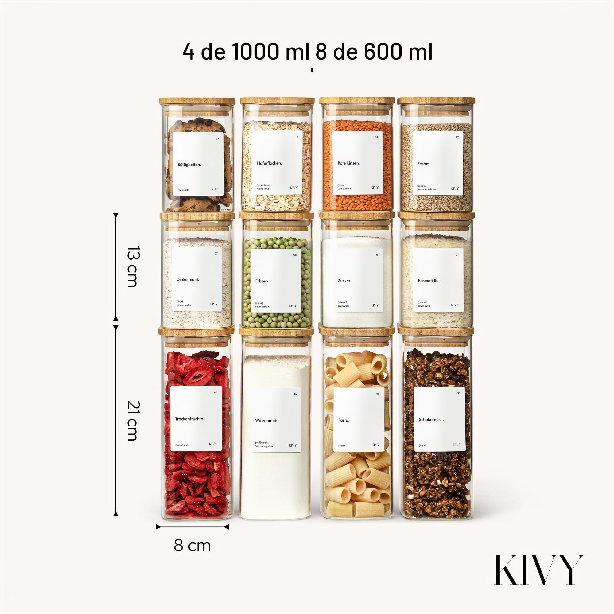KIVY Tarros de almacenamiento rectangulares [juego de 12] + etiquetas, apilables y herméticos con tapa, tarros de almacenamiento con tapa herméticos – tarros de almacenamiento rectangulares – bambú