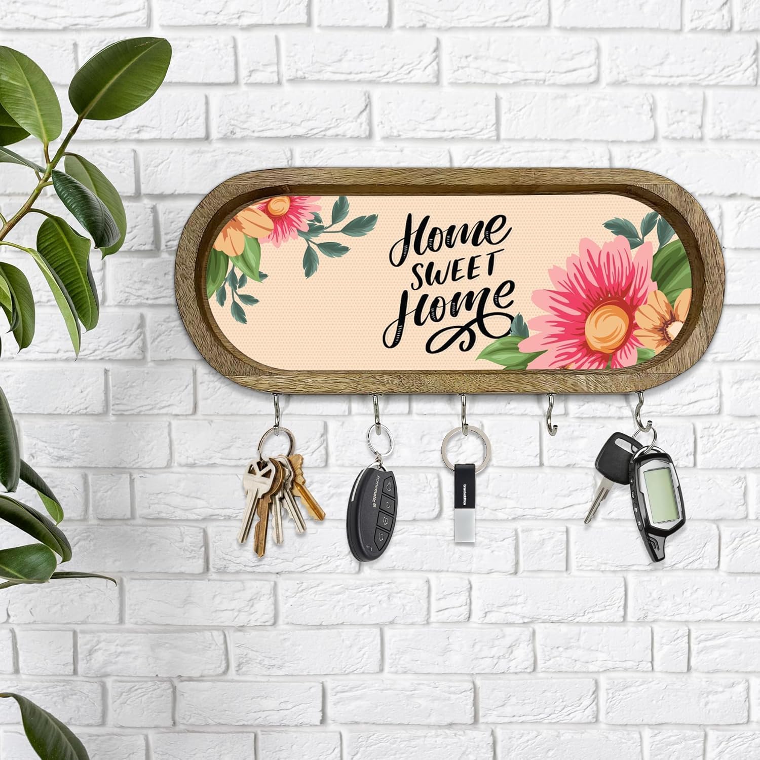 MTRXX Wooden Wall Mounted Key Holder | Decorative Key Rack for Home Entryway | 5 Hooks | KD13