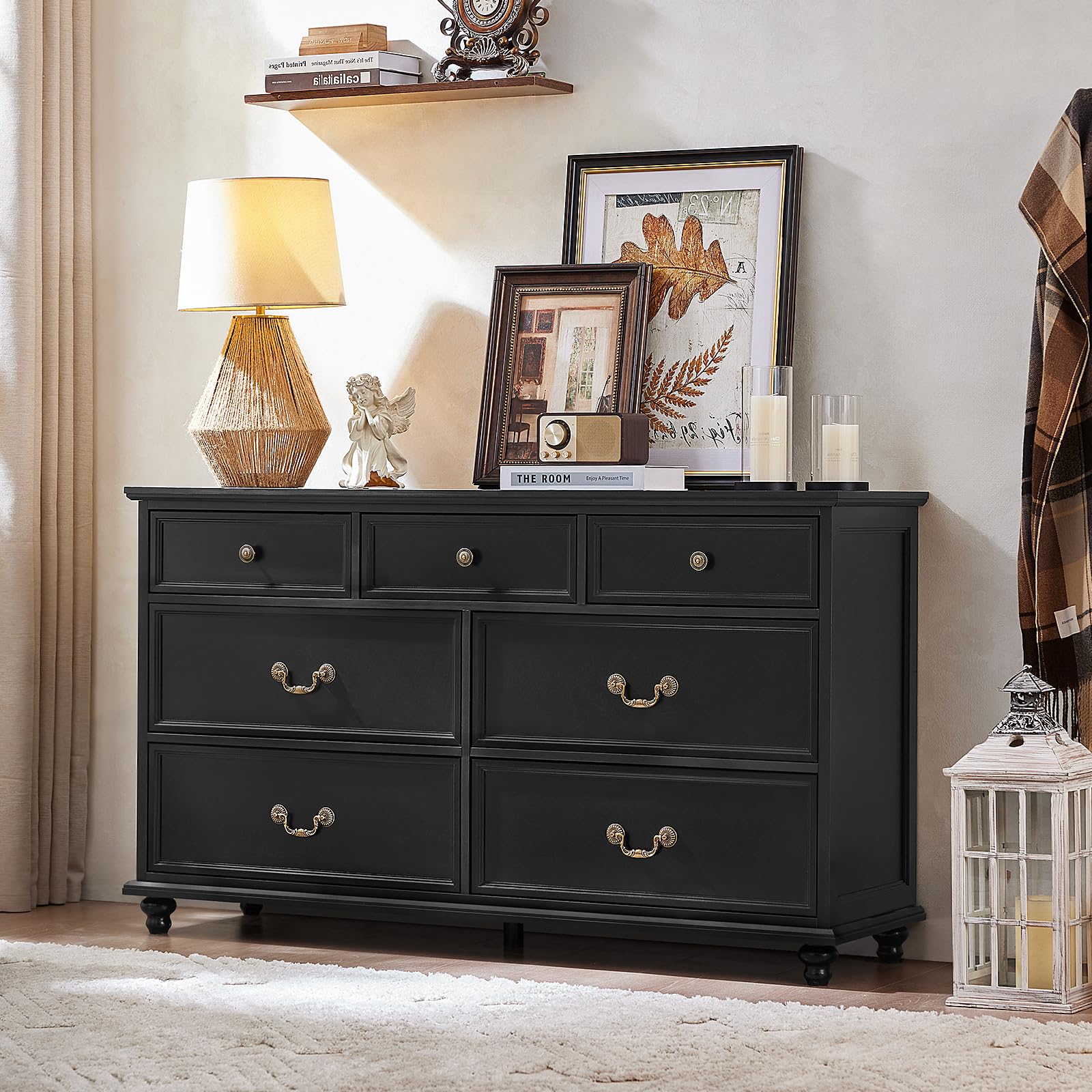 Joaxswe Farmhouse 7 Drawers Dresser for Bedroom, Black 54 Inch Wide Chest of Drawers w/ 4 Wooden Legs, Large Vintage Rustic Closet Dressers for Living Room, Wood TV Stand with Storage Organizer