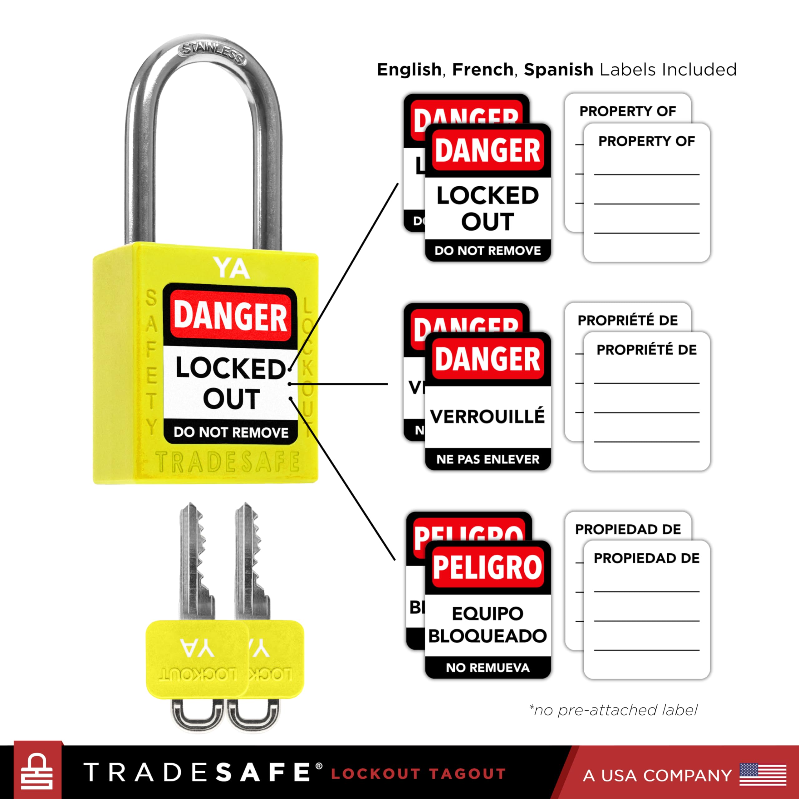 Juegos de Candados de Bloqueo y Etiqueta de TRADESAFE, 10 Candados de Seguridad Amarillos con Llaves Iguales para Agrupación Ilimitada, 2 Llaves por Candado, Candados Loto Compatibles con OSHA, para