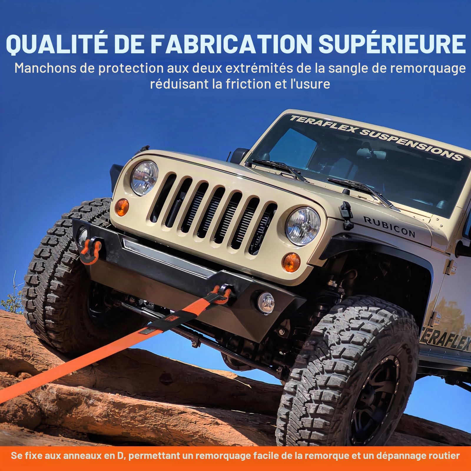 VEVOR Sangle de remorquage robuste, 76,2 mm x 6.1 m, corde de treuil pour sauve-arbre, 16329 kg, boucle triple renforcée, manchons de protection, sac de rangement, manilles à anneau D, camion Jeep SUV