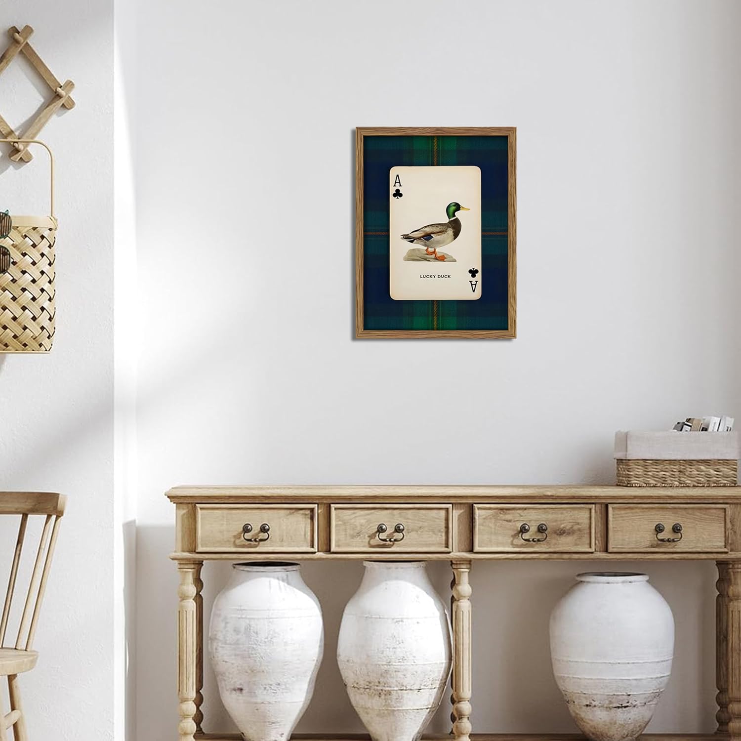 Framed Vintage Mallard Duck Wall Art, Country Lucky Duck Wildlife Poker Wall Decor Painting, Nature Rustic Farmhouse Hunting Canvas Prints Pictures for Living Room Bedroom 12x16 Inch