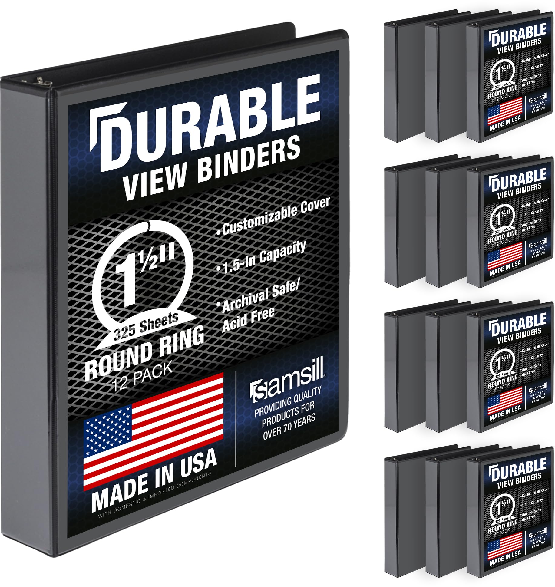 Samsill MP128450 Durable 1.5 Inch Customizable Clear View 3 Ring Binder, Black, Pack of 12