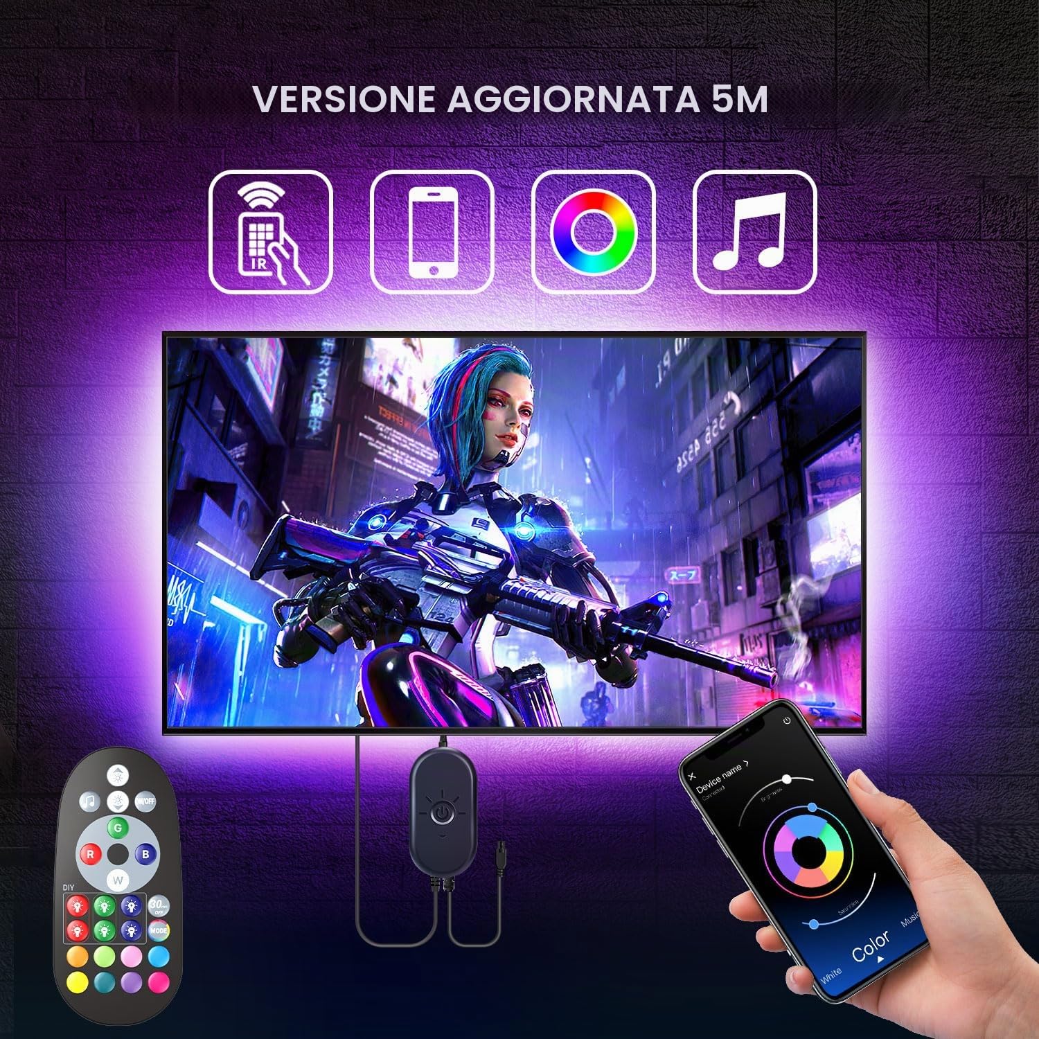 Luci LED per retroilluminazione TV da 75 pollici a 85 pollici con telecomando, per specchio, PC, controllo tramite app, sincronizzazione con la musica, illuminazione secondaria, luci LED RGB 5050 USB