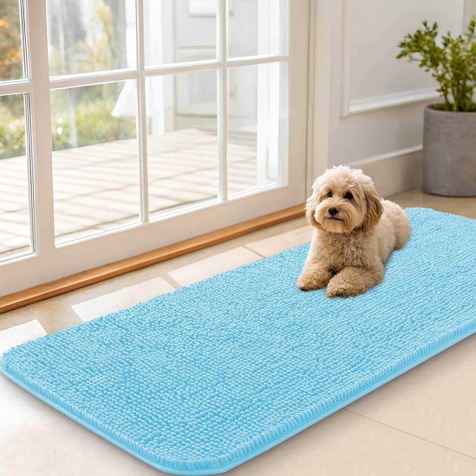 OLANLY Dog Door Mat for Muddy Paws 47x20, Absorbs Moisture and Dirt, Absorbent Non-Slip Washable Doormat, Quick Dry Chenille Mud Mat for Dogs, Entry Indoor Entryway Carpet for Inside Floor, Blue โ image 1