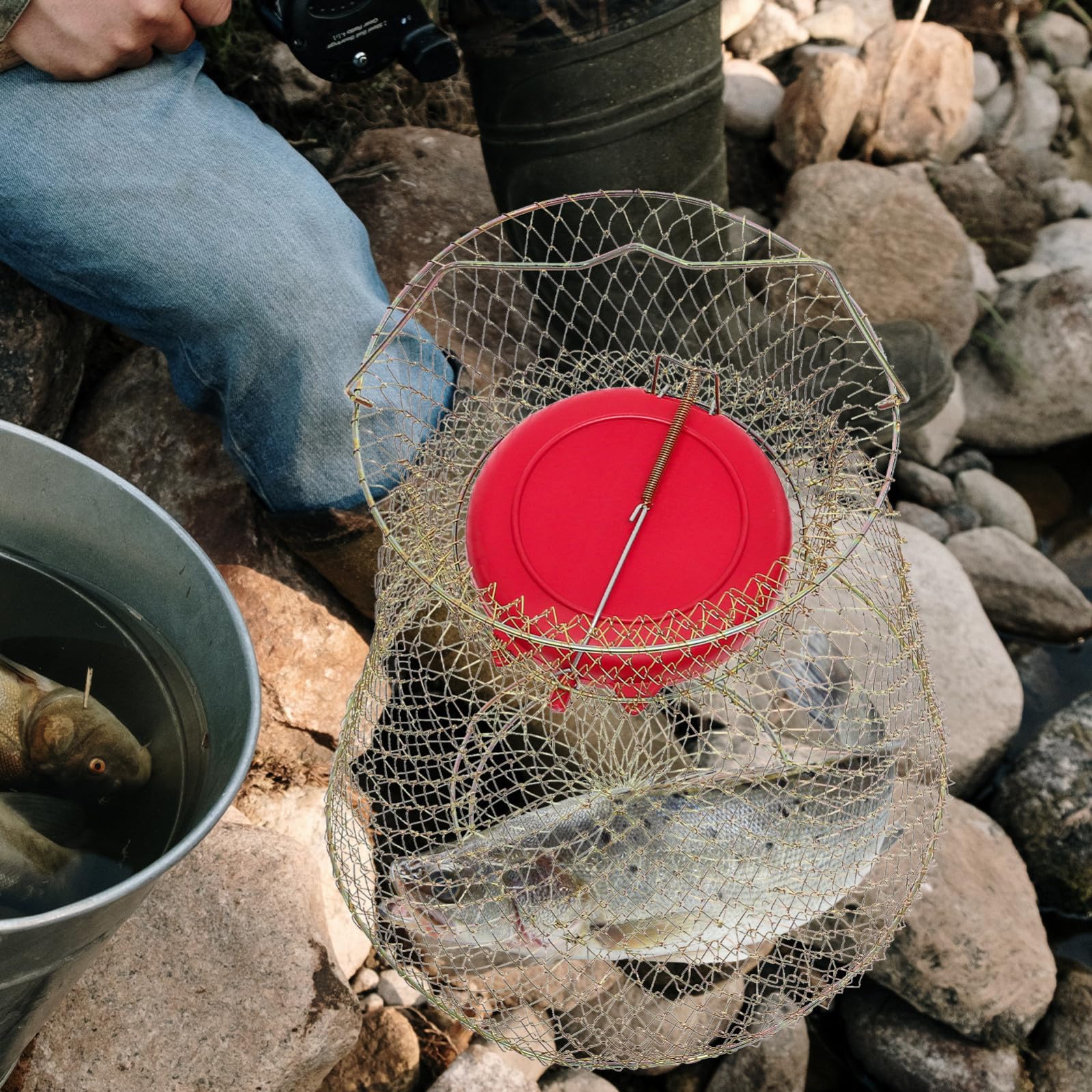 Operitacx Gabbia per Pesci in Ferro Leggero e Resistente con Ciotola Galleggiante Nassa da Pesca Pieghevole per Pesca
