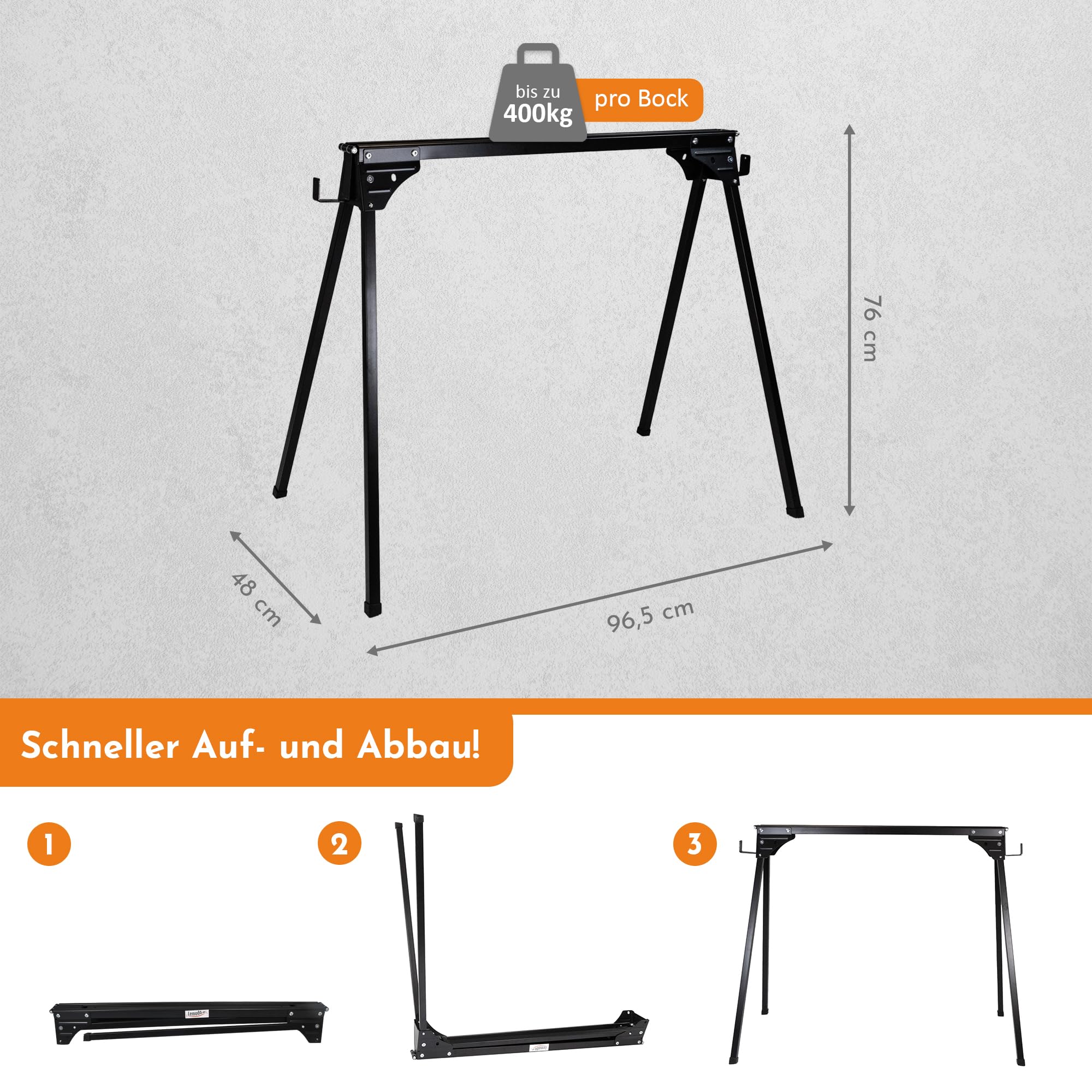 Lemodo Arbeitsbock 2er Set klappbar – Klappbock Stahl mit 400 kg Tragkraft pro Bock, Unterstellbock belastbar, Stabiler Montagebock, Sägebock kompakt mit klappbaren Stützarmen