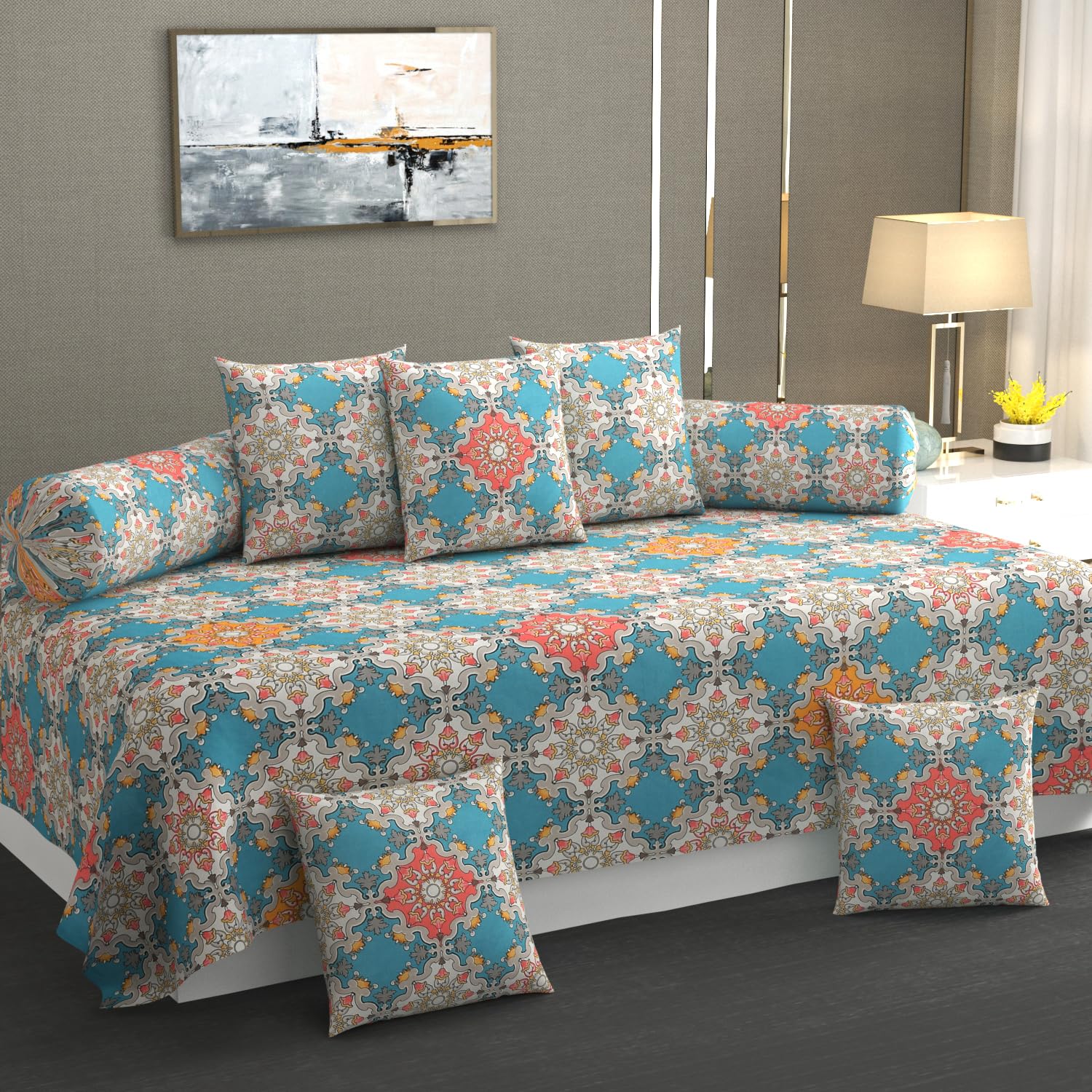 Elista Decor Premium Printed Glace Cotton Diwan Set 8 Pieces,1 Single bedsheet Size 60x90inch, 5 Cushions 16 x 16 inch Covers with Zip and 2 Bolster Covers (DIWAN Multi - 05, 60''X90'' INCH)