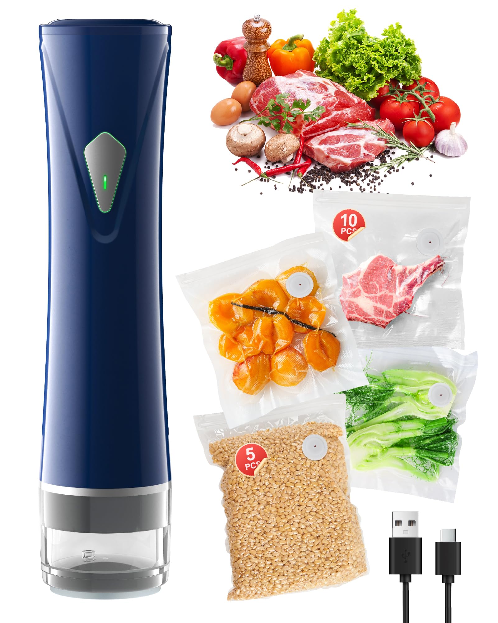GPUTEK Petit machine sous vide alimentaire,Puissance d'aspiration de 60 kPa, appareil de avec 15 sachets réutilisables, chargement USB, machine sous vide de films compact pour la maison,le camping