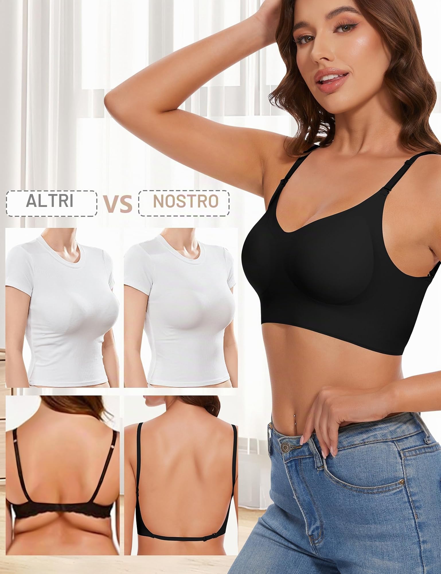 Kiiwah 2 Pezzi Reggiseno Schiena Scoperta Senza Ferretto, Reggiseno Invisibile Schiena Nuda in Seta Ghiacciata, Doux Bralette Donna, Imbottitura Rimovibile (Nero, Nudo)