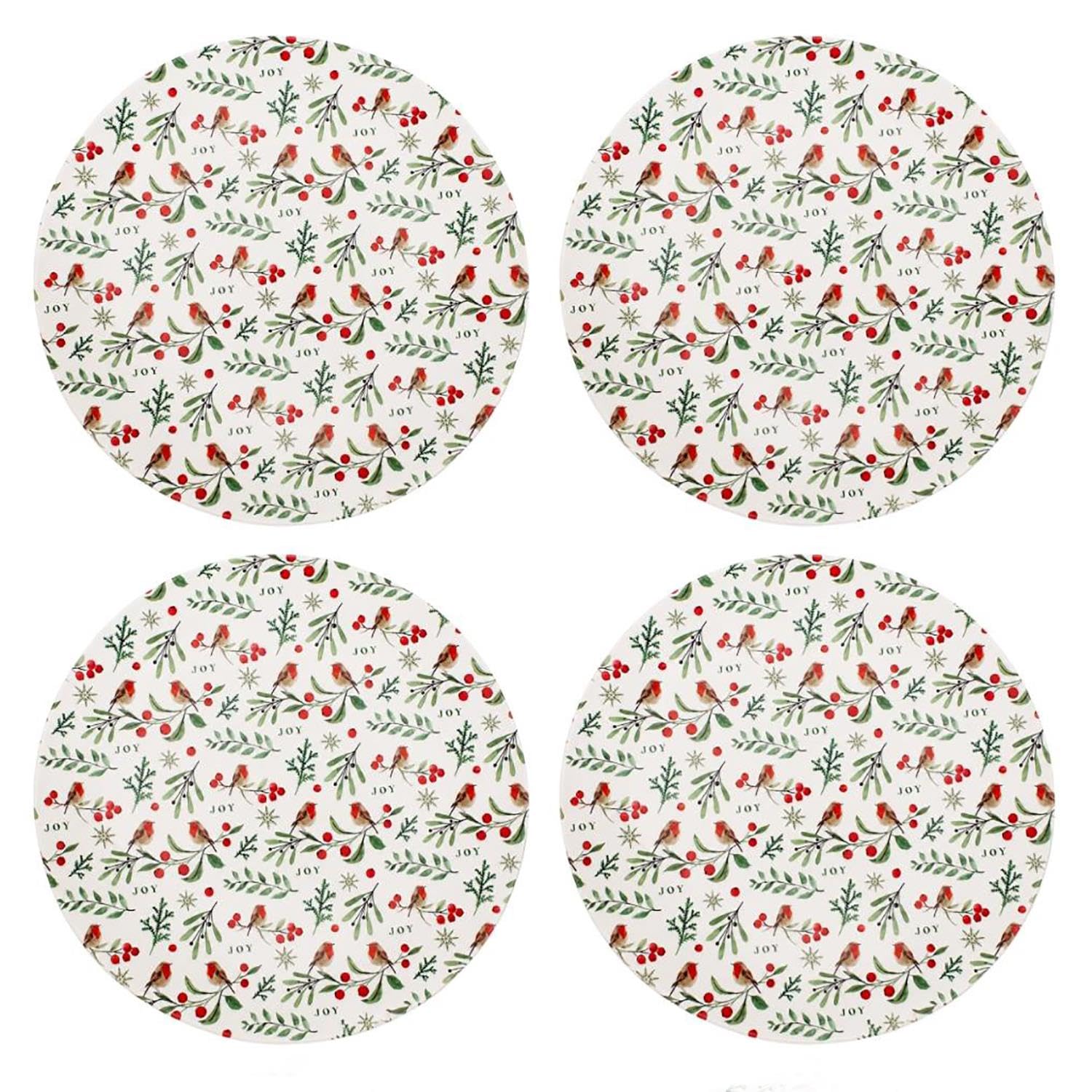 YöL Set of 4 Plastic Charger Plates Festive Christmas Red Robin Holly 33cm