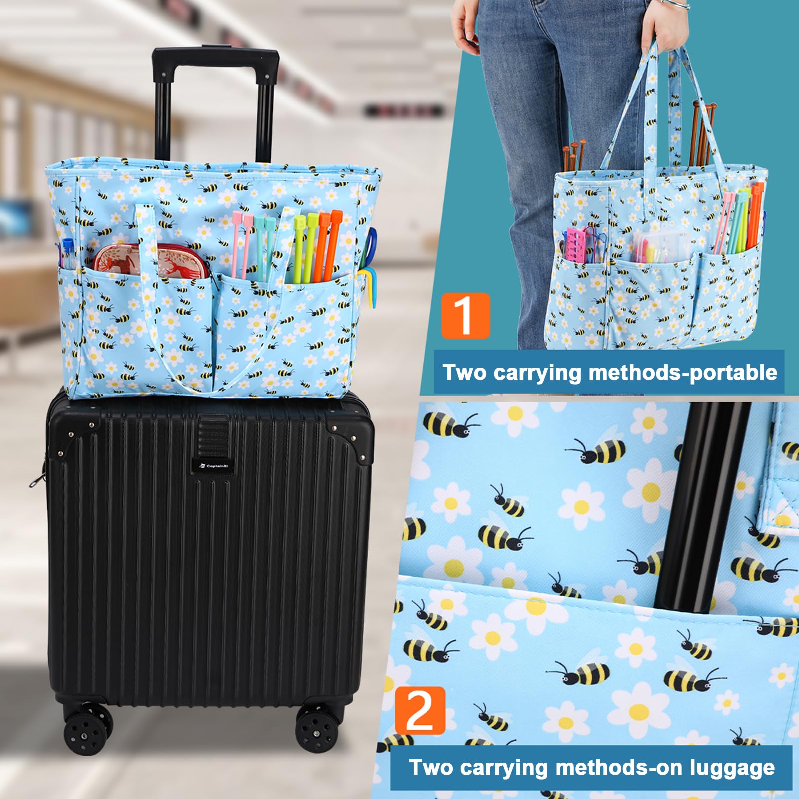 Coopay Sac fourre-Tout au Crochet. Sacs à Tricoter, Sac de Rangement pour travaux manuels, Couture, Point de Croix ou Broderie, Sac de Bricolage, Sac de Voyage pour Projet de Tricot, Abeille