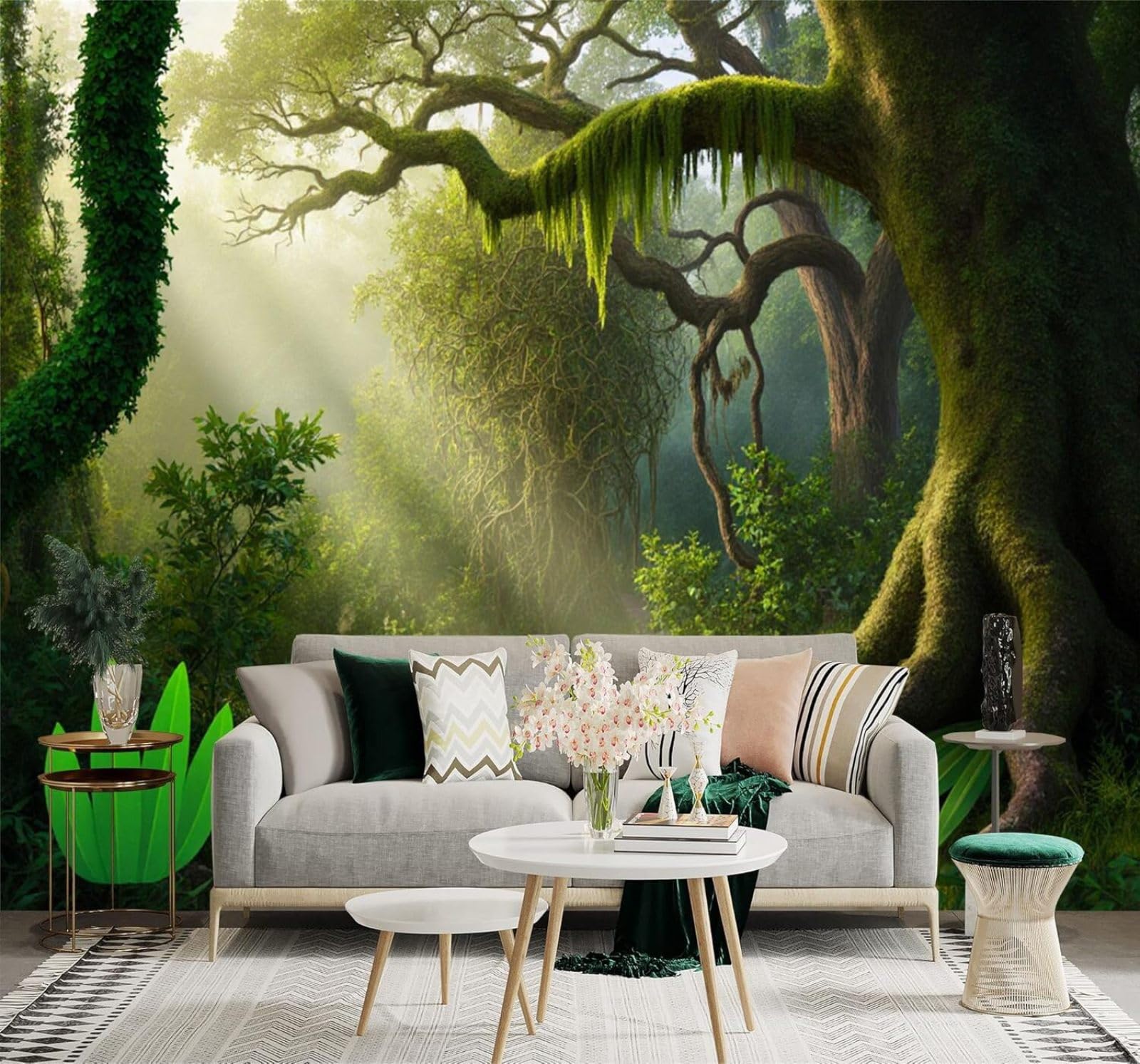 Xlming 250Cm×170Cm(B×H) Sunlight Old Trees Fresh Green Forest Path 3D Wallpaper Silky Texture Home Study Office Grey Dining Room Sofa Bedroom Living Room Tv Backdrop-250Cm×170Cm