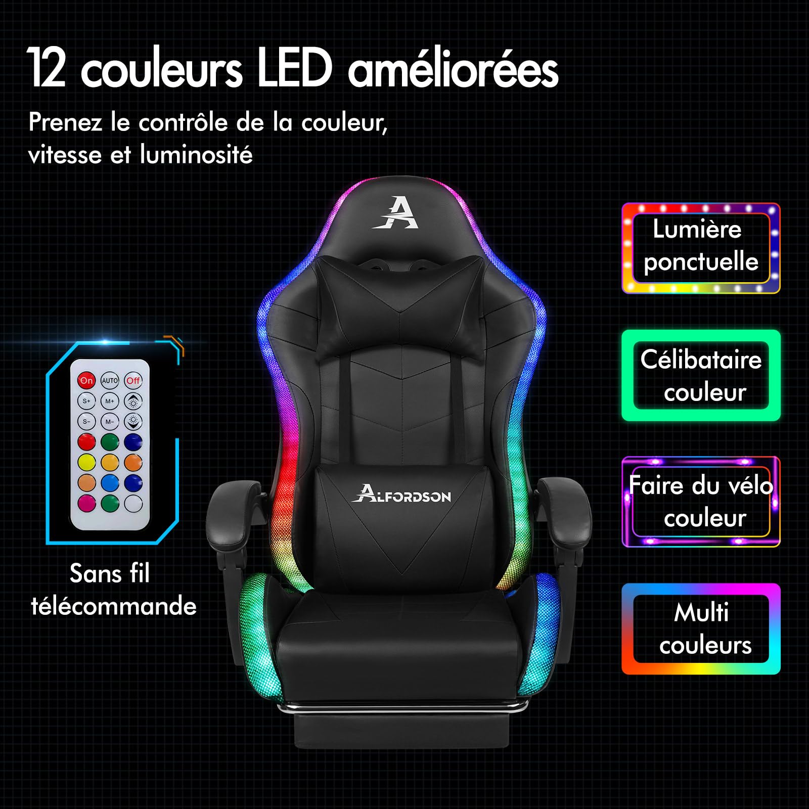 ALFORDSON Chaise de jeu massante avec LED, ergonomique, inclinaison de 150°, repose-pieds escamotable, en similicuir PU, hauteur réglable, capacité 180 kg, Noir