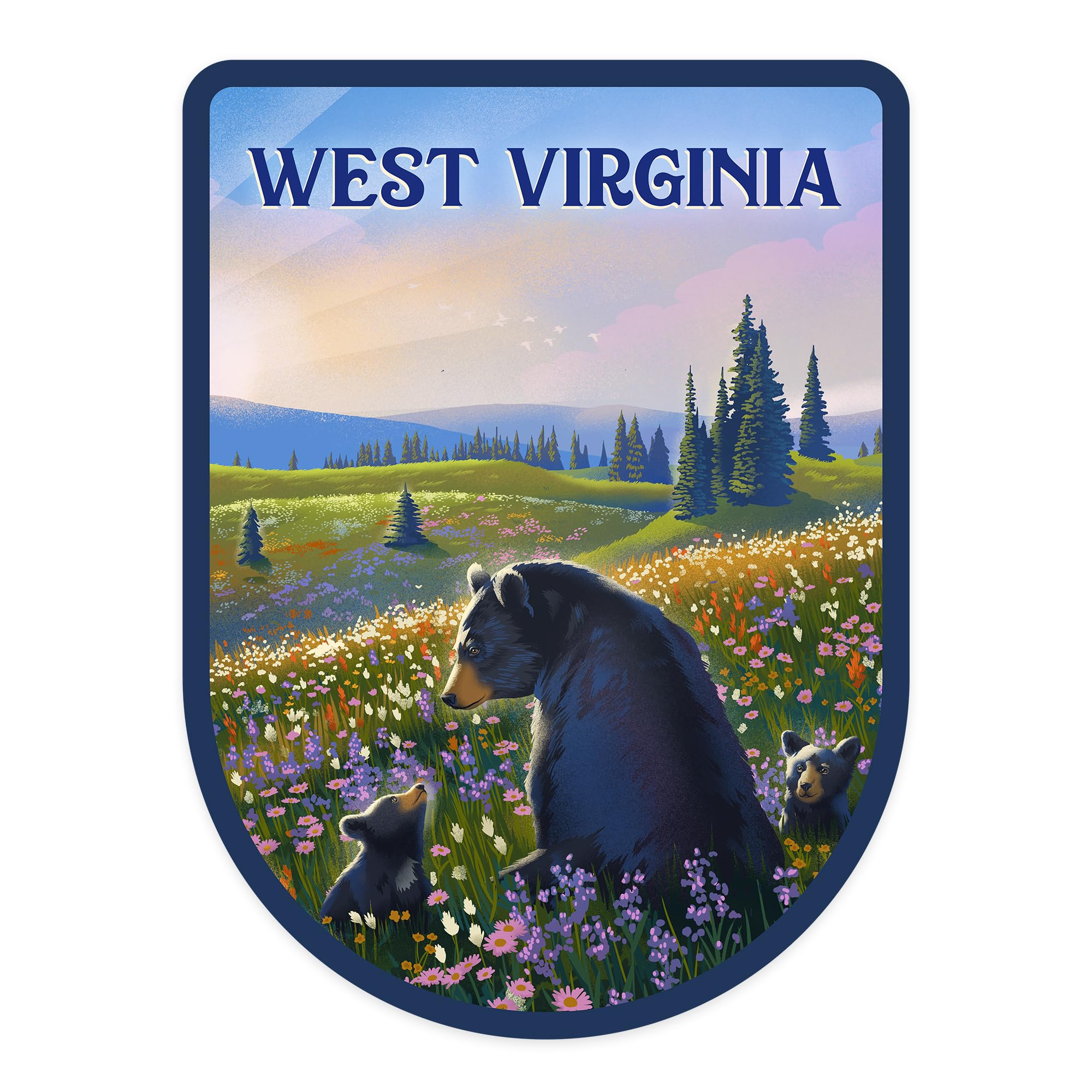 Lantern Press Sticker West Virginia, Lithograph, Bear Family in Field, Die Cut Vinyl, (Waterproof Decal for Cars, Water Bottles, Laptops, Coolers),