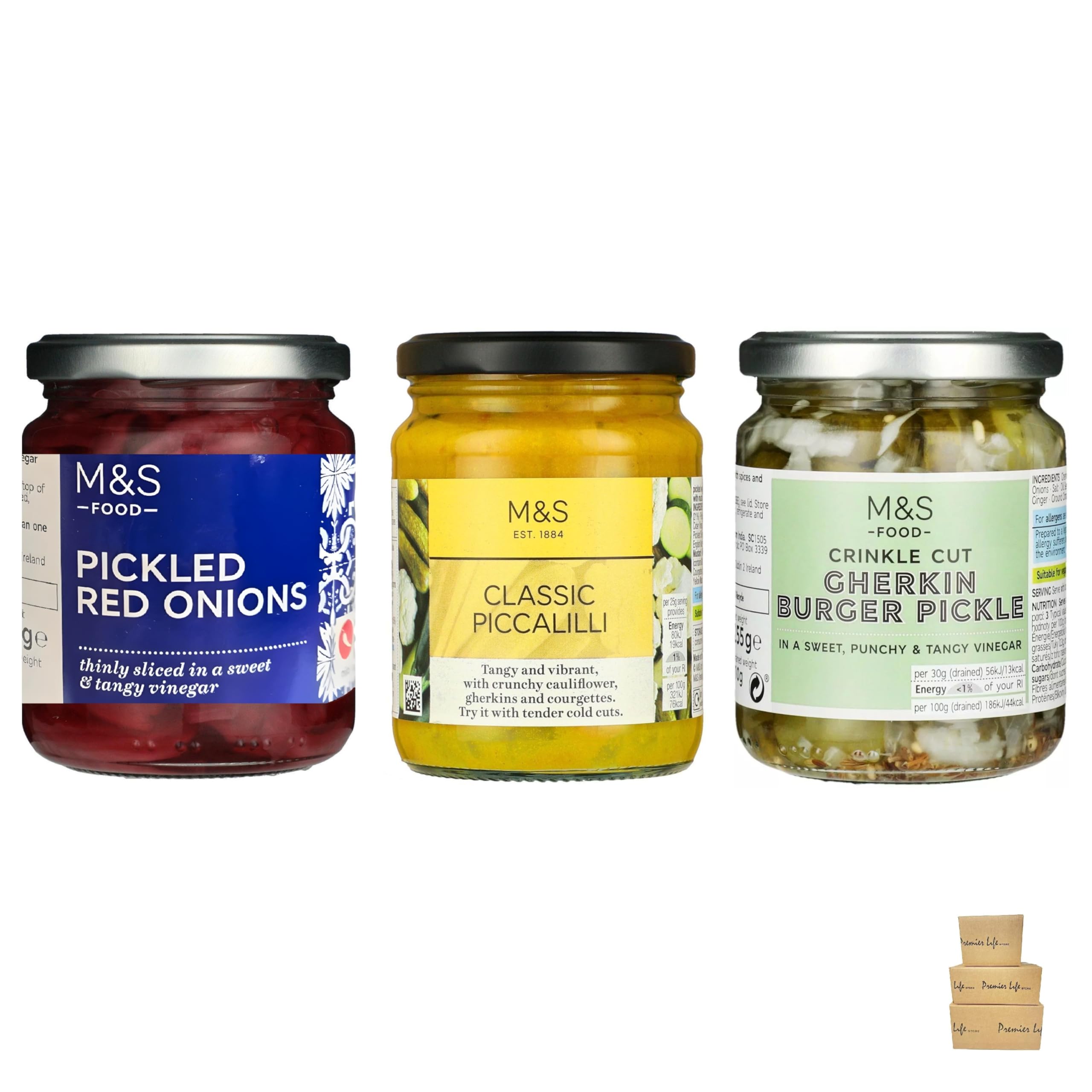 MSFOOD Pickle Variety Pack, Pickled Red Onions 260g, Classic Piccalilli 285g and Crinkle Cut Gherkins Burger Pickle 255g