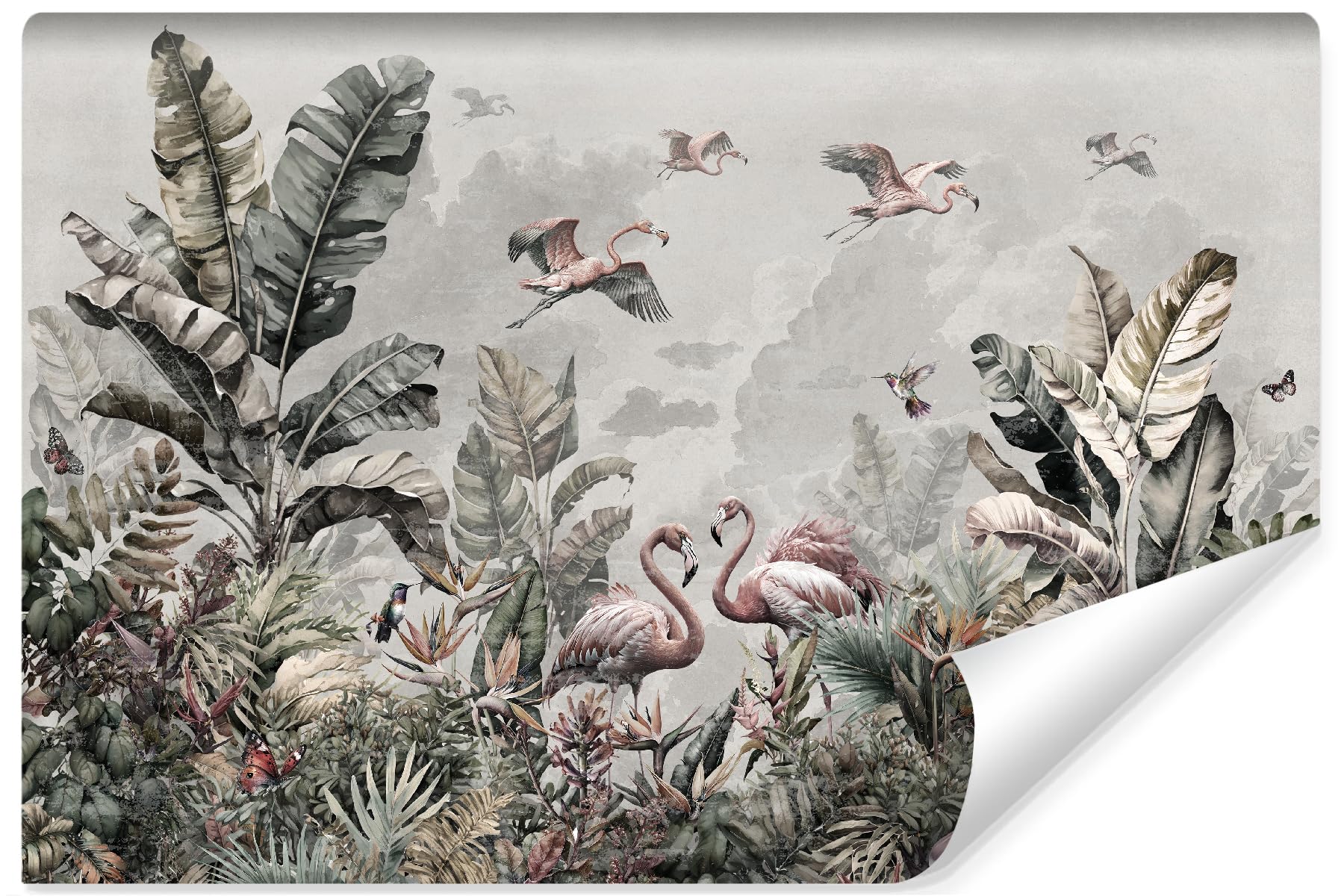 Muralo Papel Pintado en TNT 3D, Jungla con Flamencos - 225x150 cm
