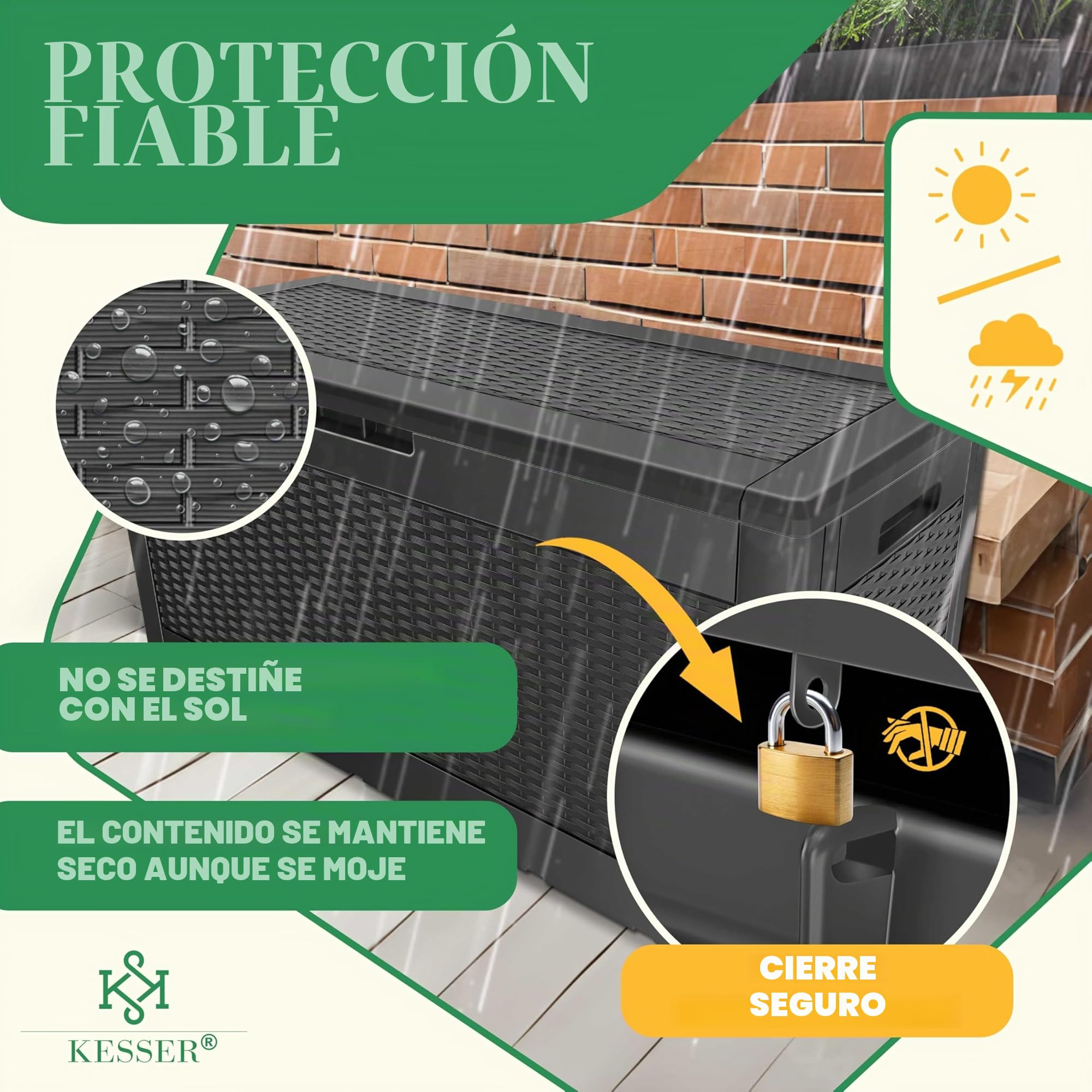 KESSER® Caja para Cojines 310 Litros Con Ruedas, Tapa Plegable, Asas, Aspecto de Ratán, Resistente a la Intemperie, Almacenamiento para Jardín