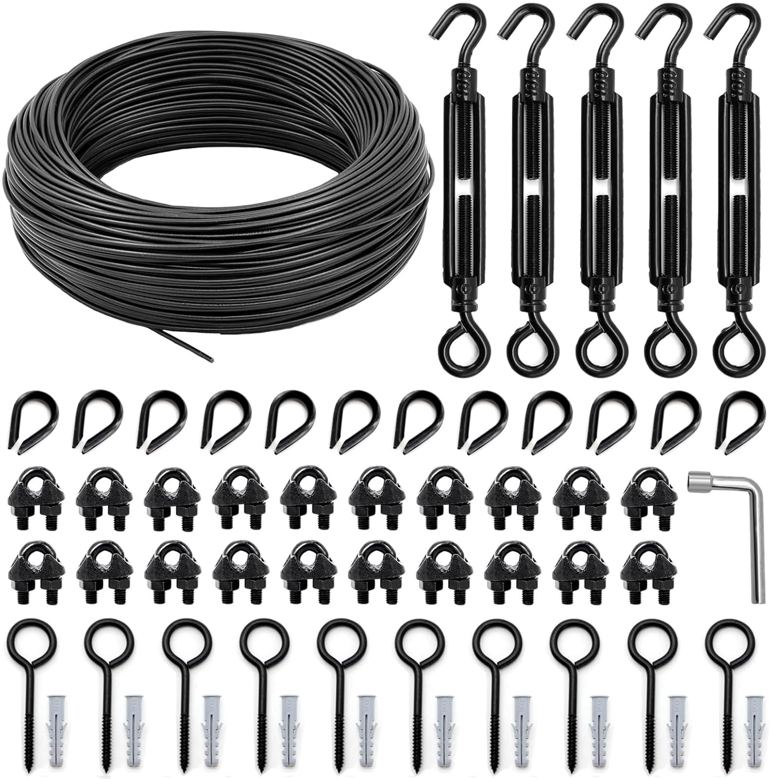 Lichterketten-Aufhängeset für den Außenbereich, komplett schwarzes Lichterketten-Aufhängeset inklusive 30m PVC-beschichtetem Stahlkabel mit ausreichend Zubehör für Terrassenbeleuchtung