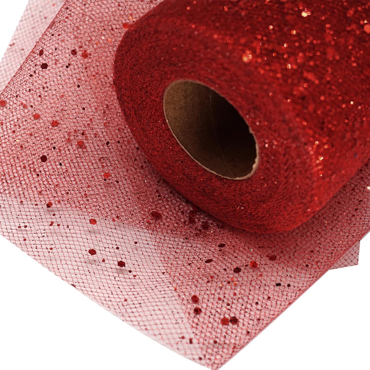 Glitter Tulle Fabric Rolls 6 Inch 25 Yards(22.86M) Sequin Sparkling Ribbon Spool Netting for Wedding, Tutu Skirt, Gift Wrapping, Party Decoration (Red)