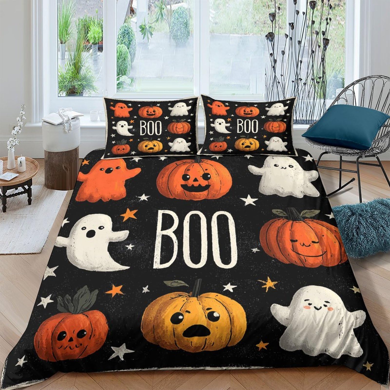 Ctjqhvkz Style-3 3D Printed Halloween Pumpkin Fitted Sheet Microfiber Ghost Bed Cover Orange Black For Bedroom Guest Room Decor Single（135X200cm）
