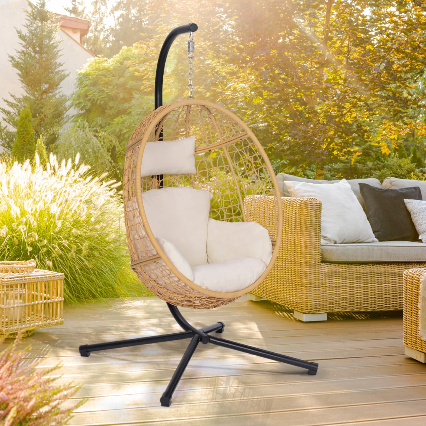 IDMarket - Fauteuil Oeuf Suspendu ajouré Effet rotin avec Coussin écru