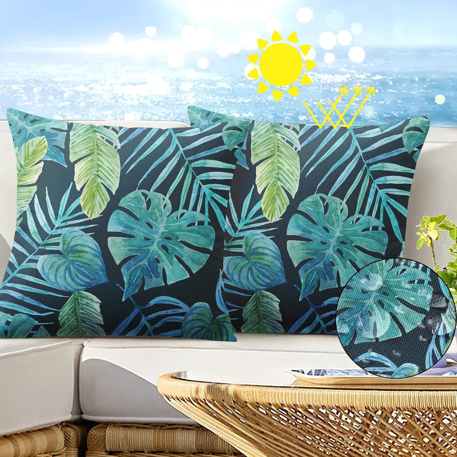 Greenery Tropical Plants Outdoor Waterproof Throw Pillow Covers 18 x 18 Inch Set of 2, Palm Leaf Pillowcase Square Cushion Case, Farmhouse Garden Decorative Pillows for Couch Beach Patio - Image 7