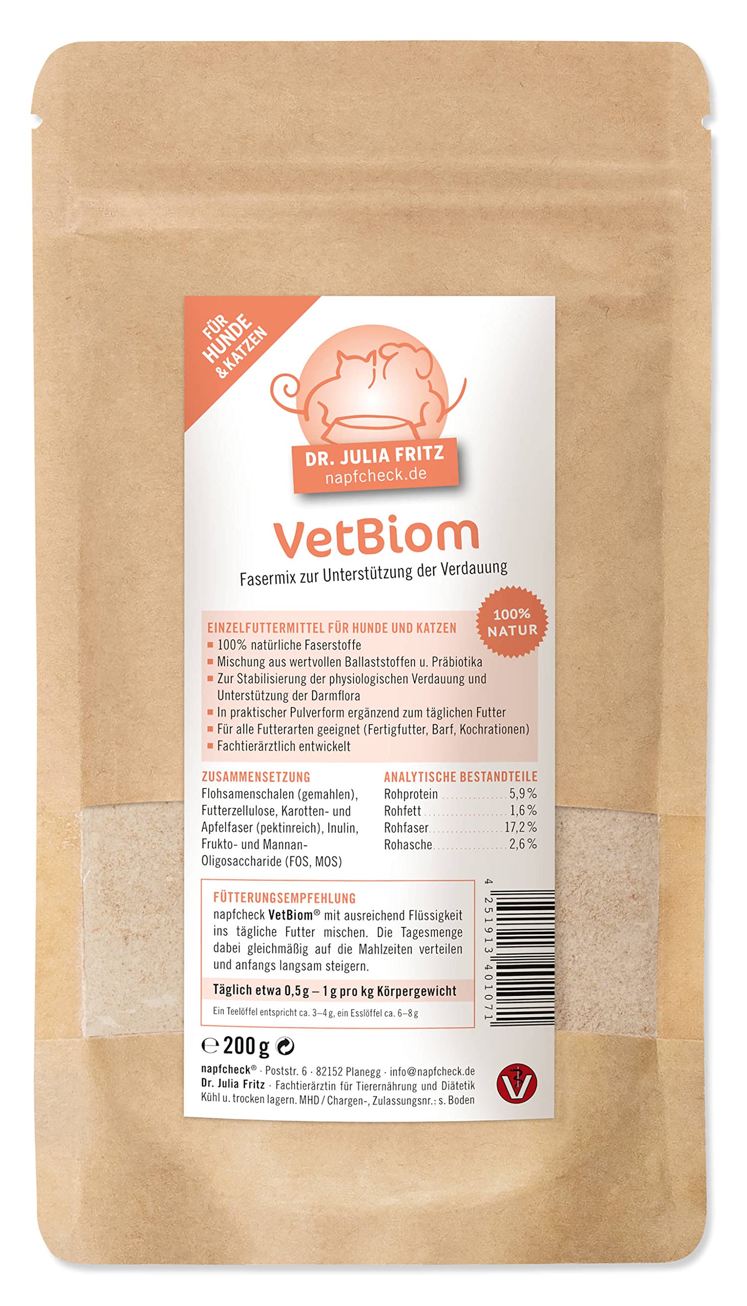 napfcheck VetBiom – Präbiotischer Fasermix für eine geregelte Verdauung - für Hunde und Katzen - 200 g