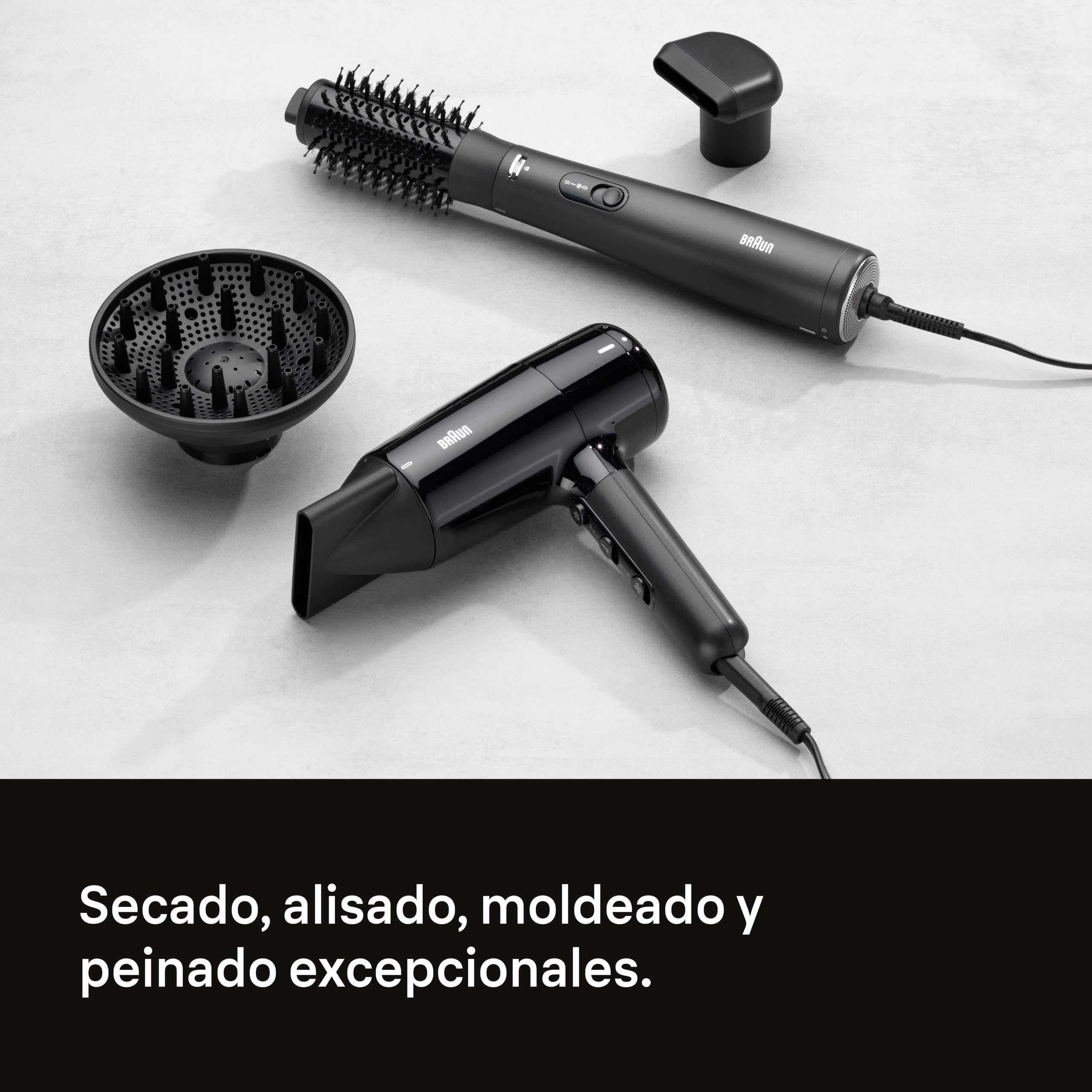 Moldeador de aire Braun AS4.2 – Potente con cepillo térmico redondo para dar forma y volumen y boquilla de secado, motor HTDC, 3 modos de peinado, tecnología IONTEC, negro metalizado– BRAS420E