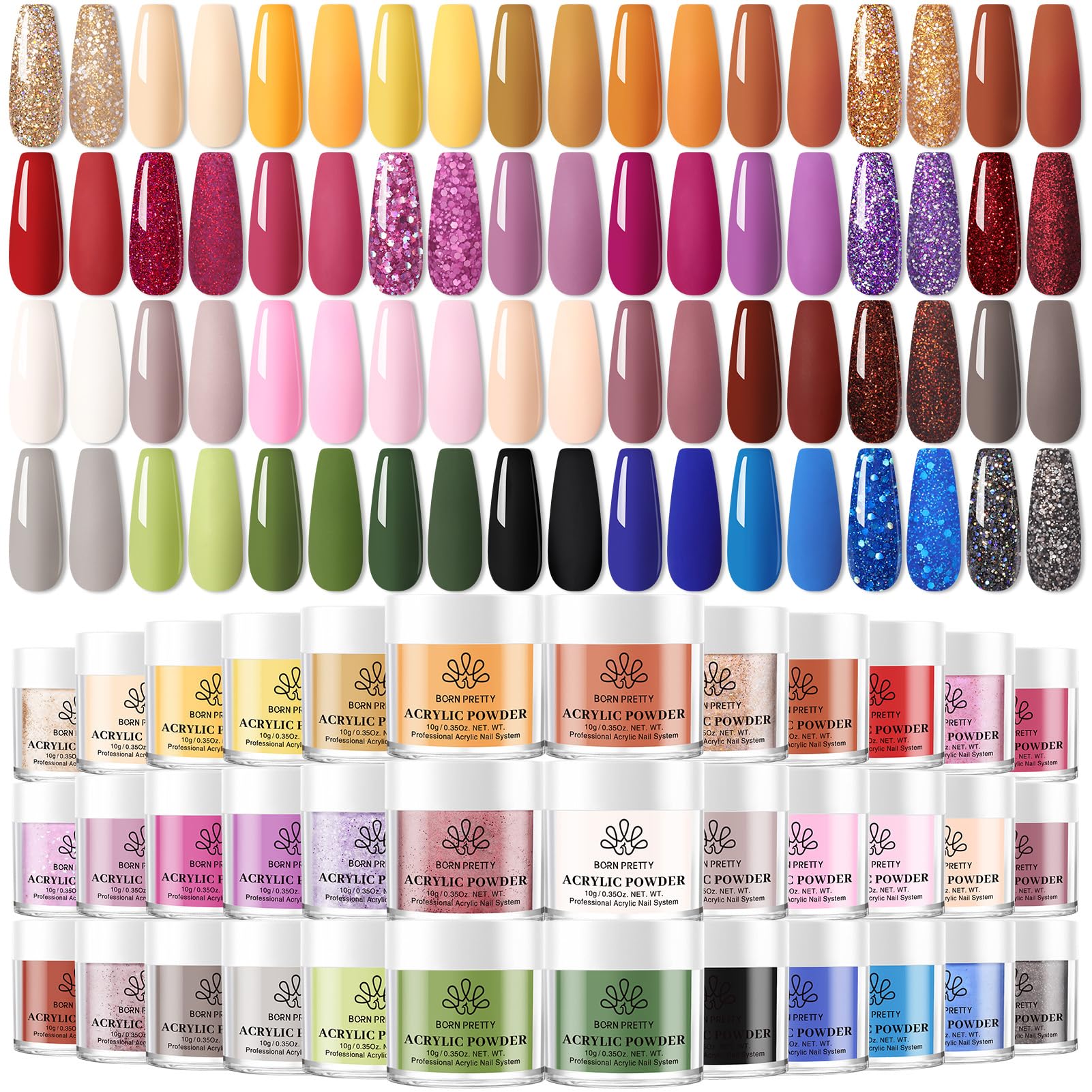 Born Pretty Juego de pinturas acrílicas para uñas, polvo acrílico para uñas, 36 colores, otoño e invierno, juego de uñas acrílicas, rojo, verde, azul, acrílico en polvo, uñas acrílicas, juego de