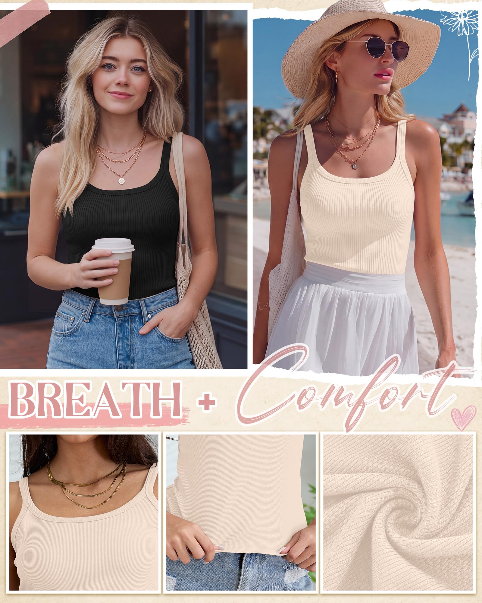 Neer Paquete de 3 camisetas sin mangas acanaladas con tirantes delgados para mujer, ajustadas, de algodón, cuello redondo, sin mangas, camisola básica de punto